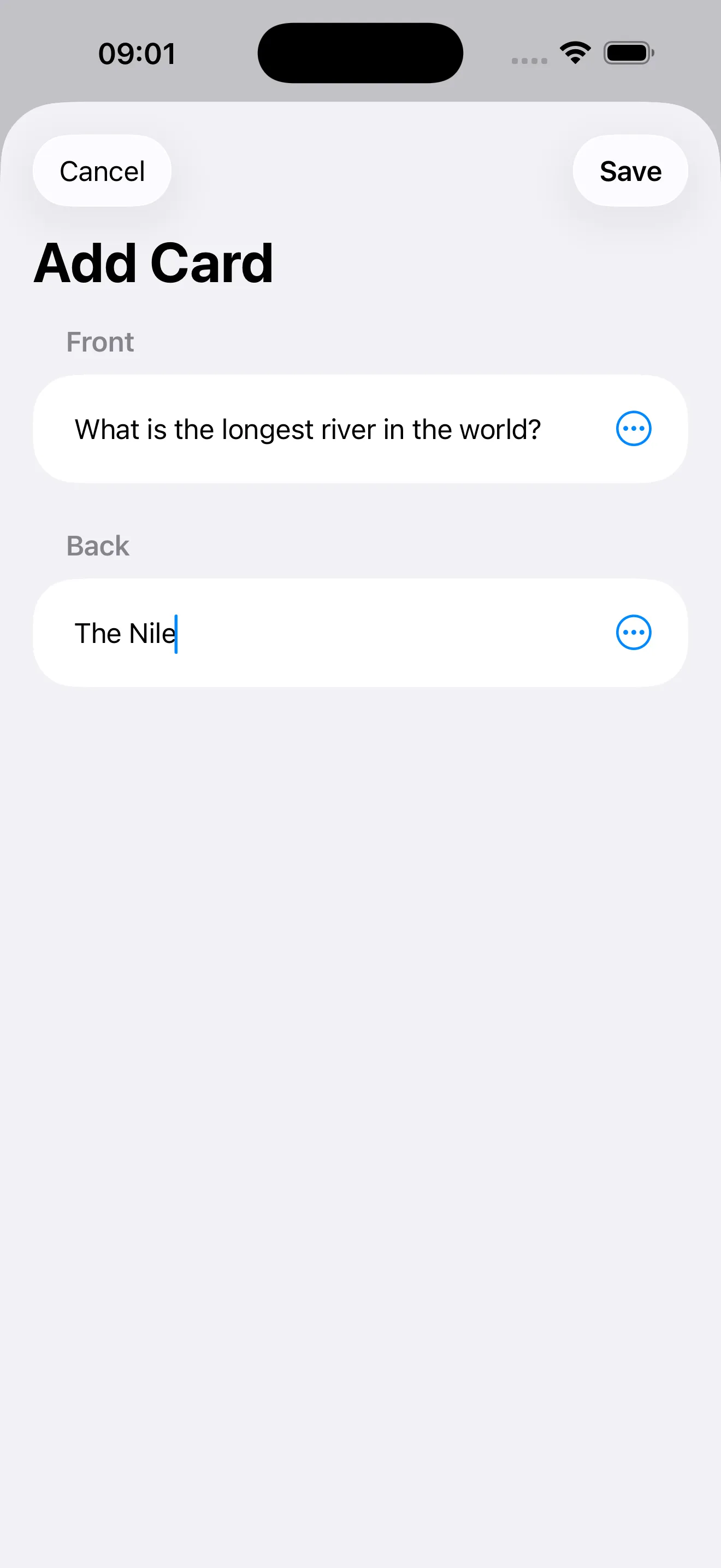 The Add Card screen with a geography question on the front and its answer on the back