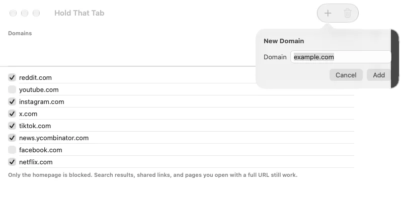The New Domain popover in Hold That Tab with example.com entered