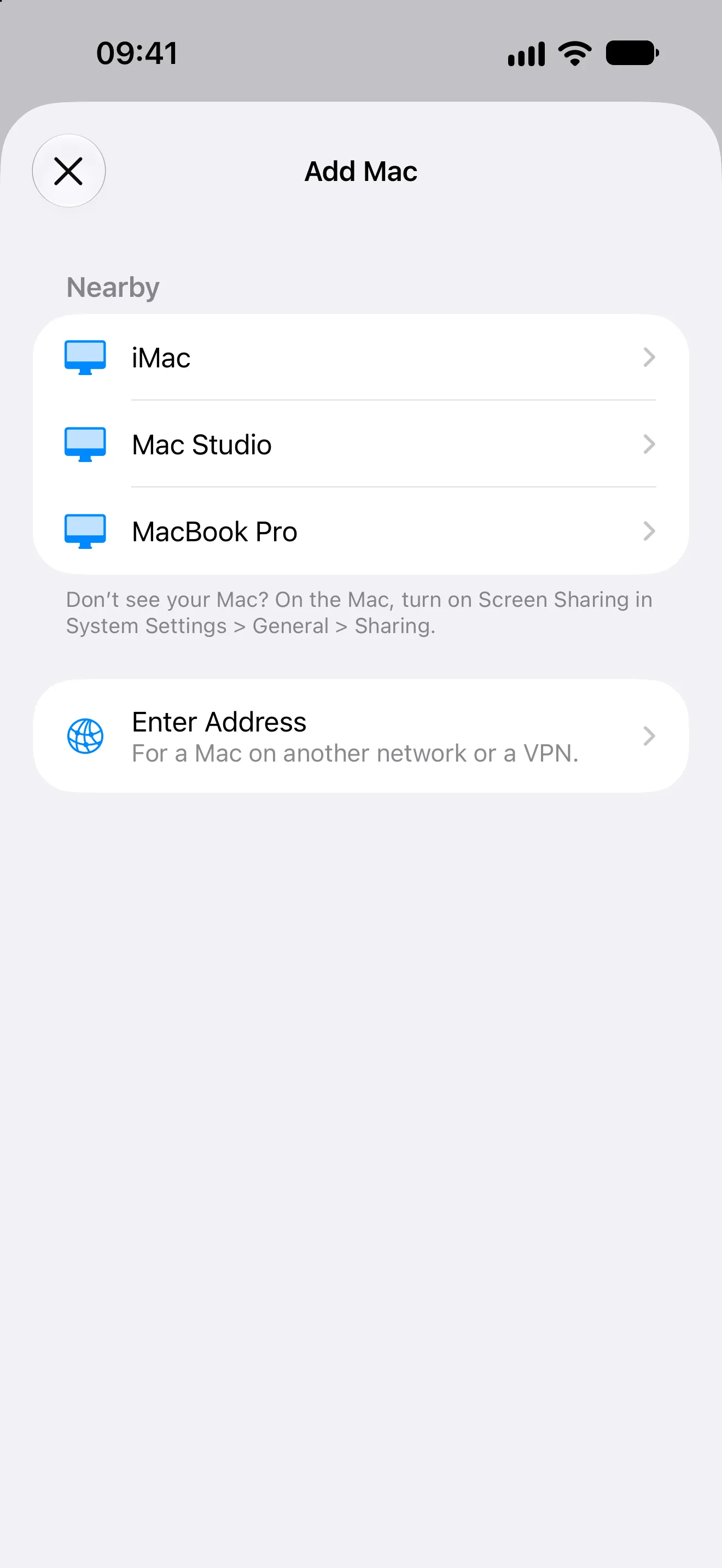 Otherdesk Add Mac listing nearby Macs, where to turn on Screen Sharing and Enter Address