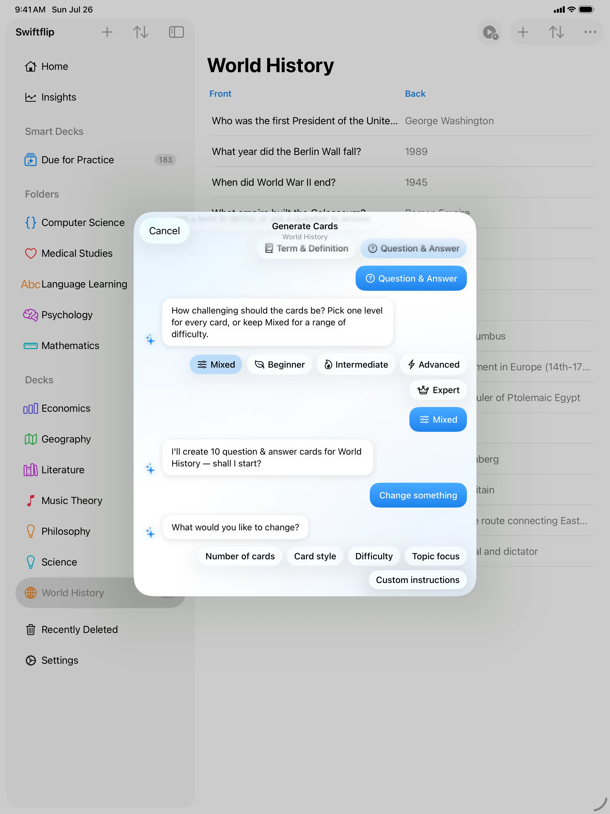 Swiftflip's conversational AI card wizard open over a World History deck on iPad
