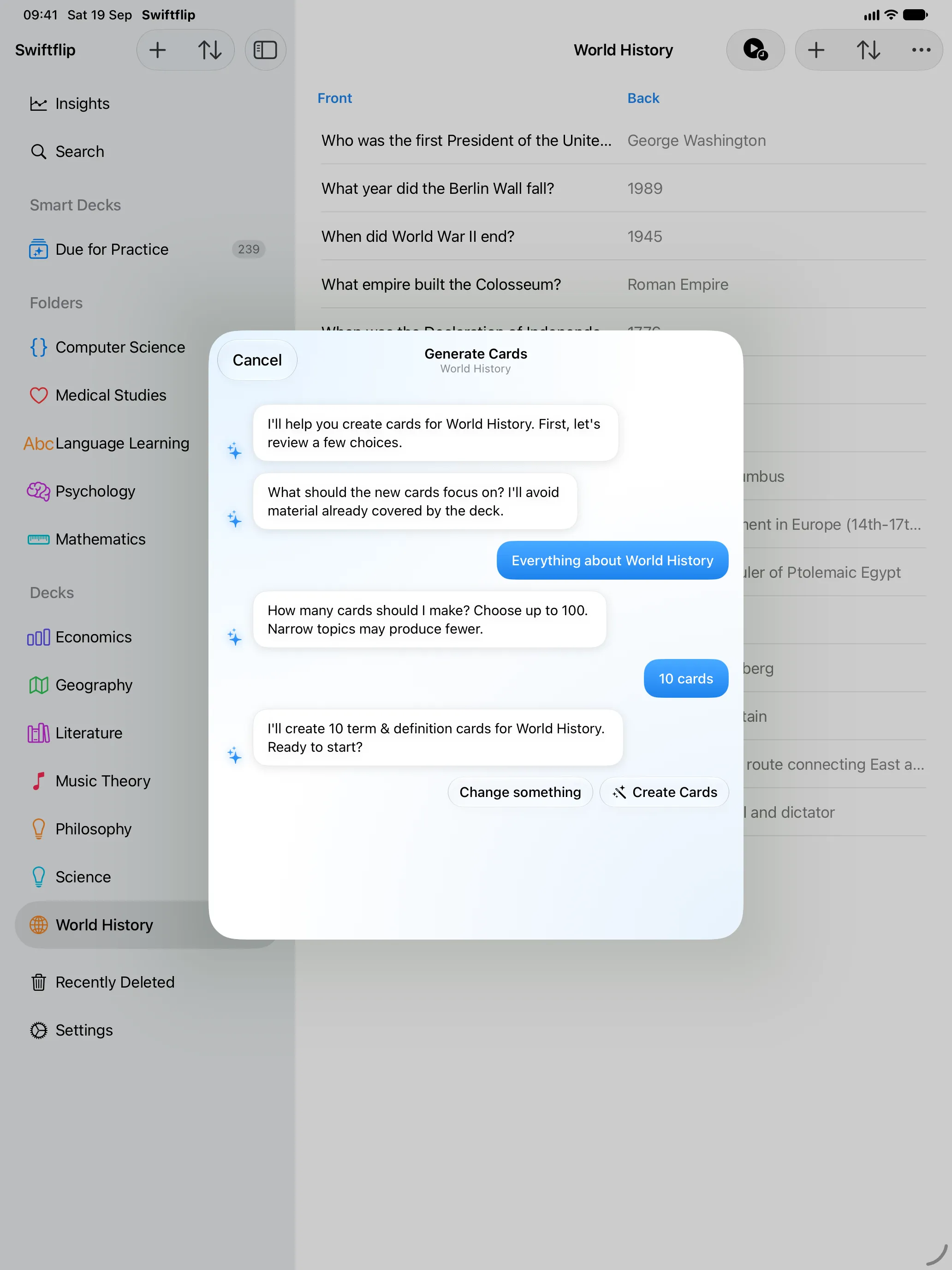 Swiftflip AI card generation on iPad