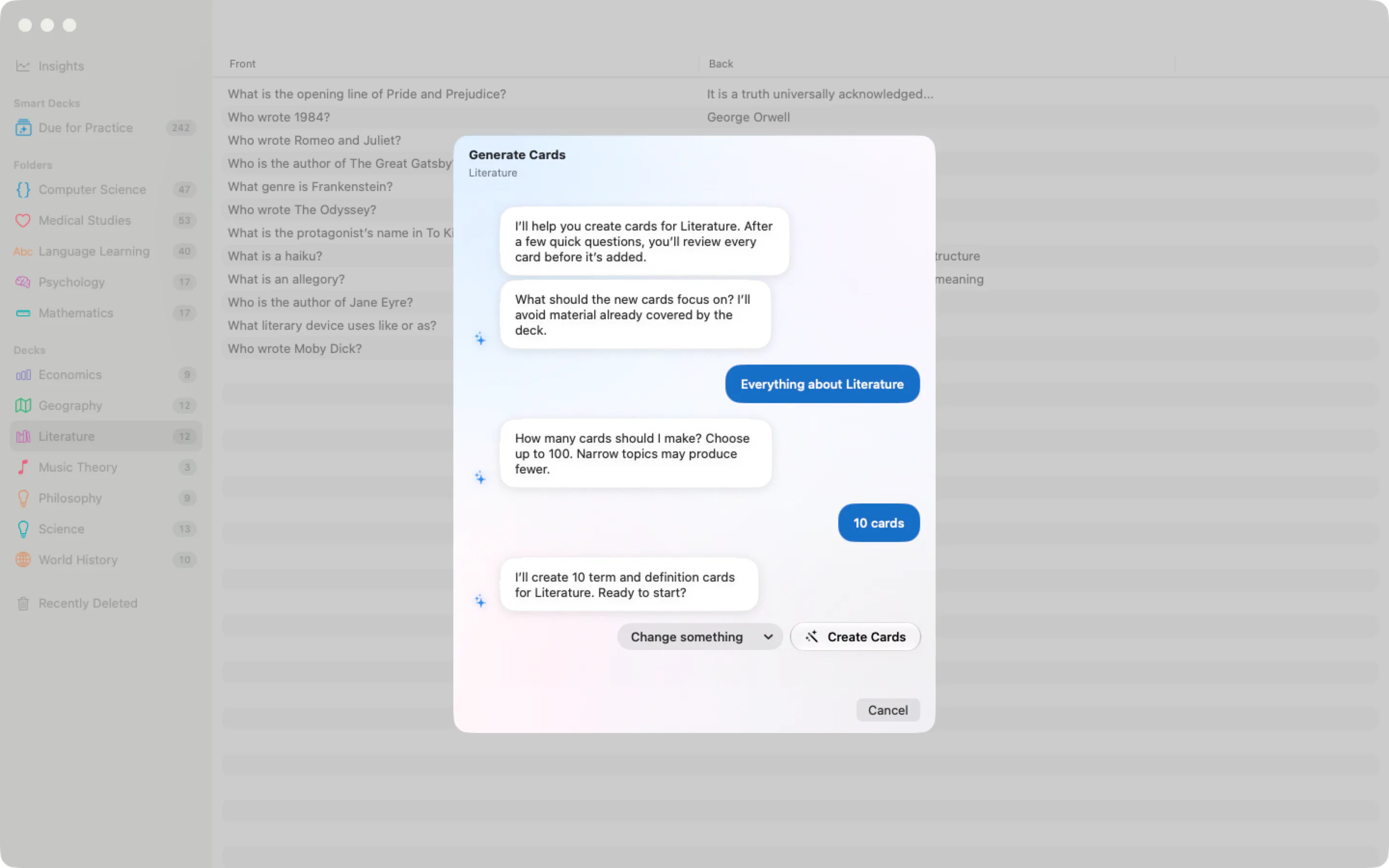 The Generate Cards wizard in Swiftflip for Mac, ready to create 10 cards for a Literature deck