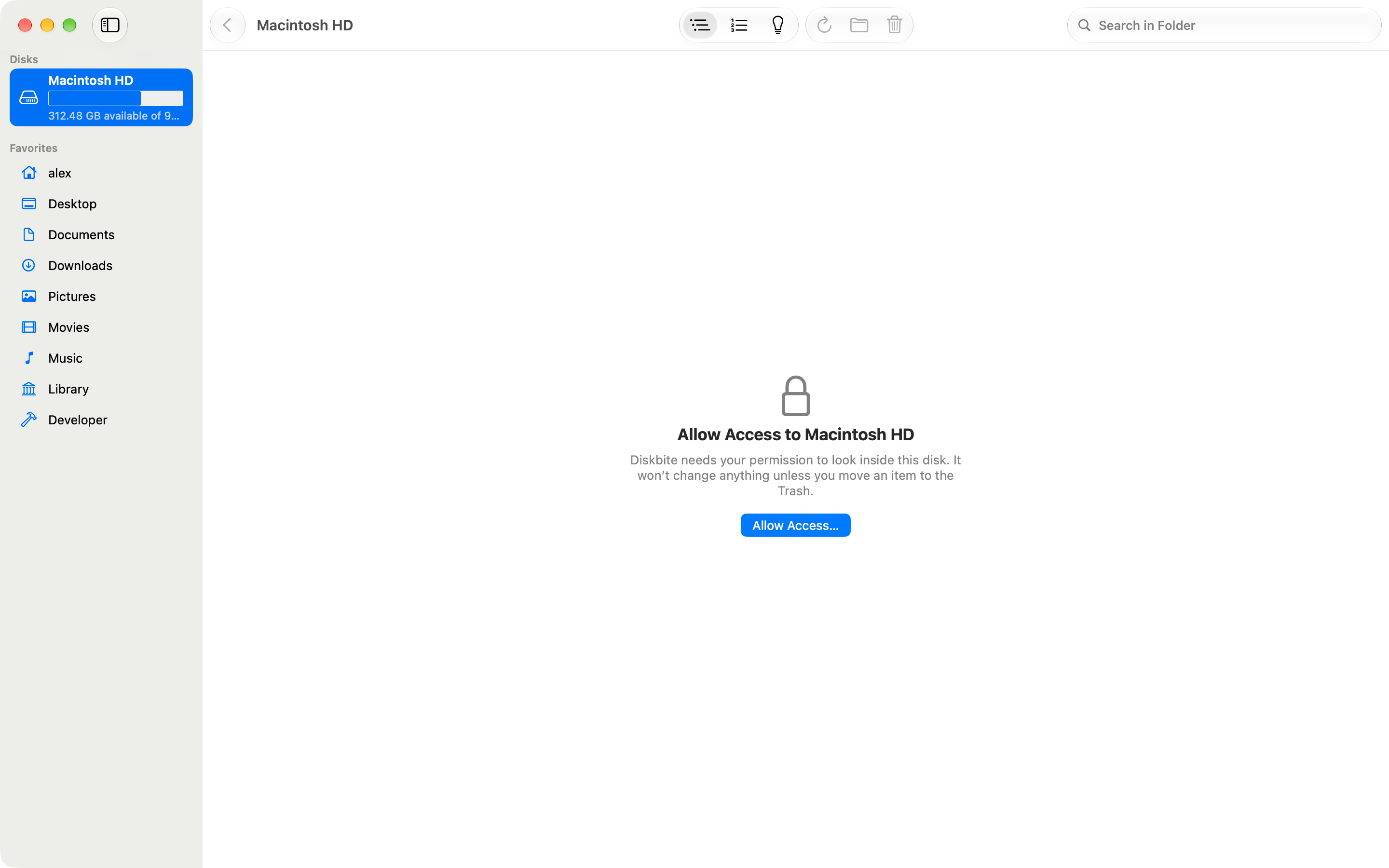 Diskbite asking for access to Macintosh HD with an Allow Access button