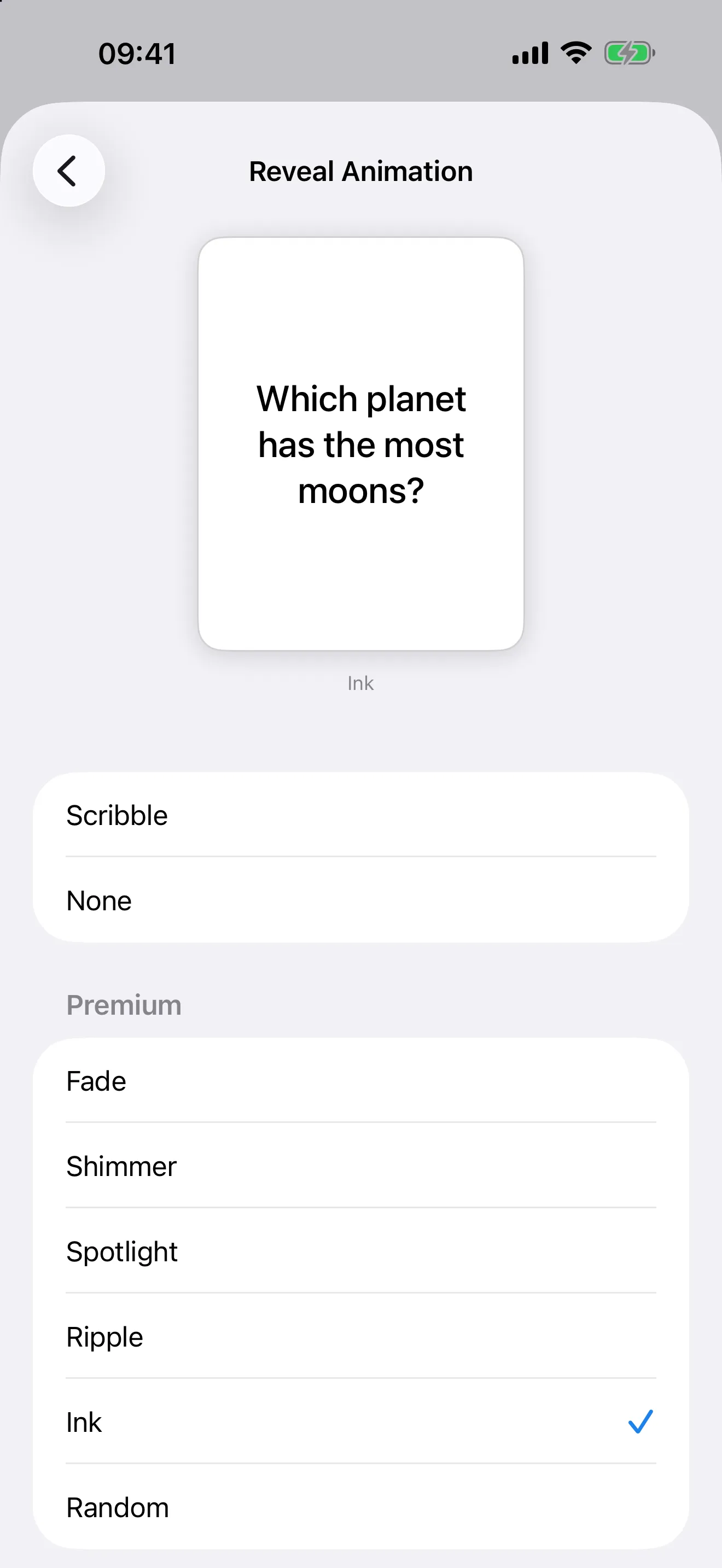 The Swiftflip Reveal Animation settings screen with a sample card and Ink selected from the Premium styles