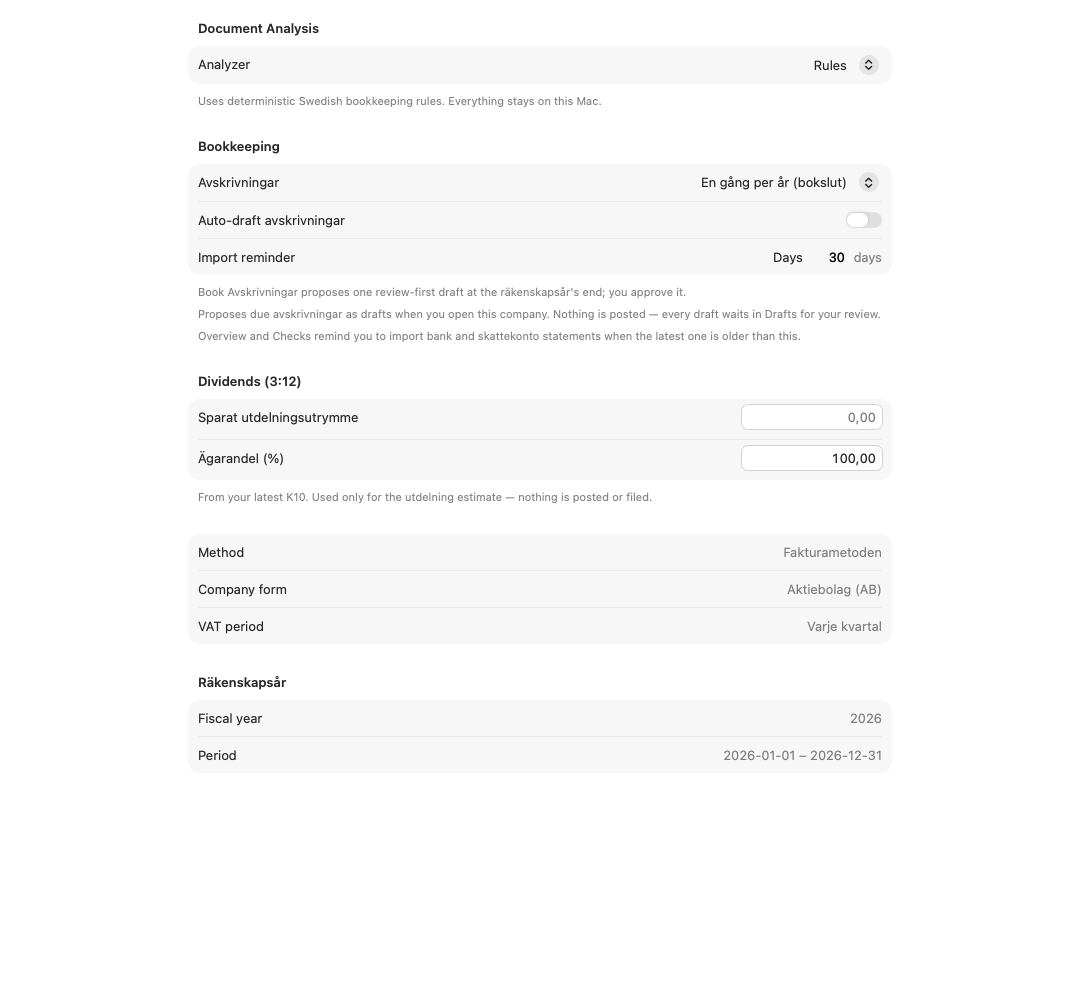 Smartbok bookkeeping settings with accounting method, company form and VAT period