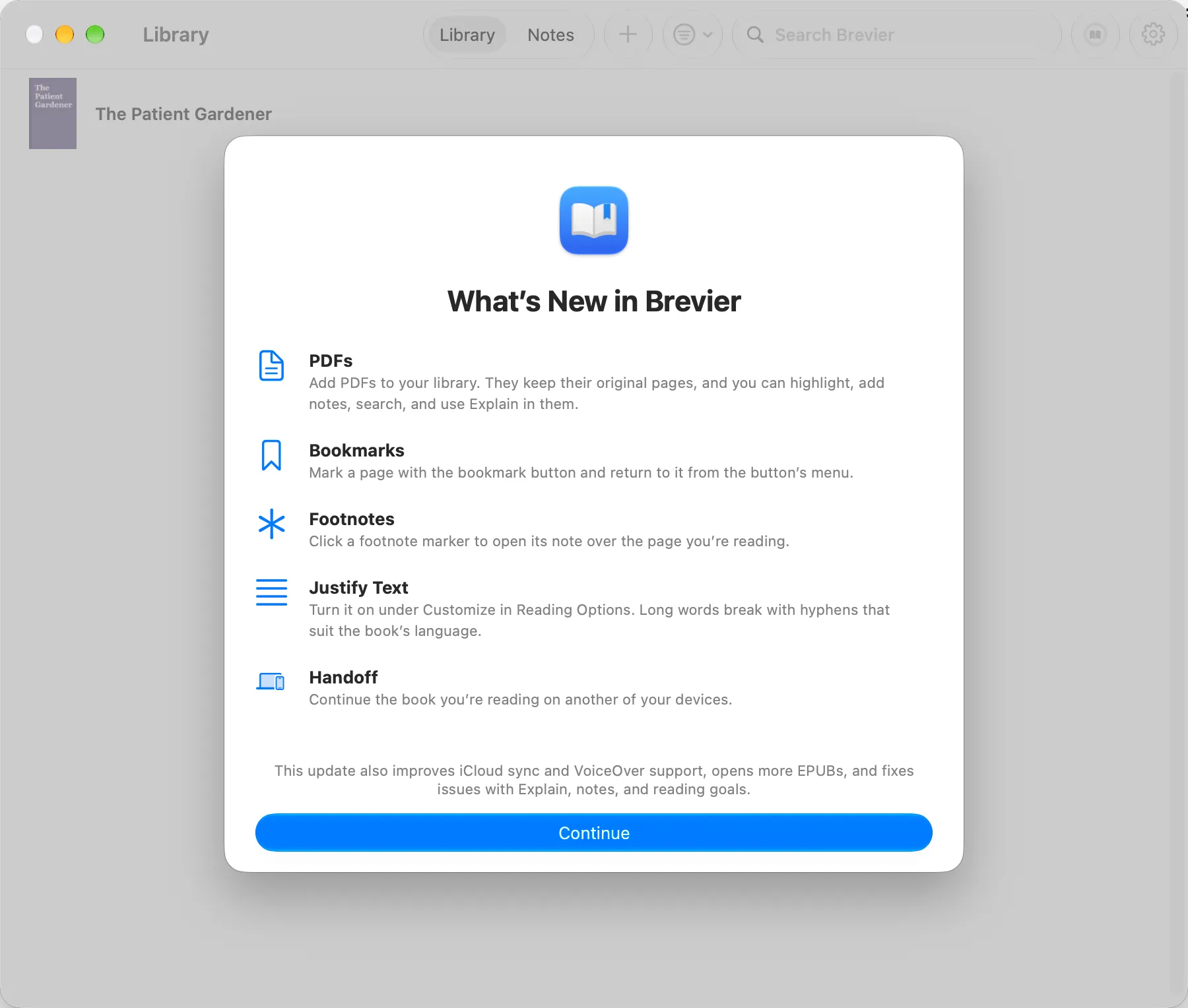 What's New in Brevier on Mac, listing PDFs, Bookmarks, Footnotes, Justify Text and Handoff