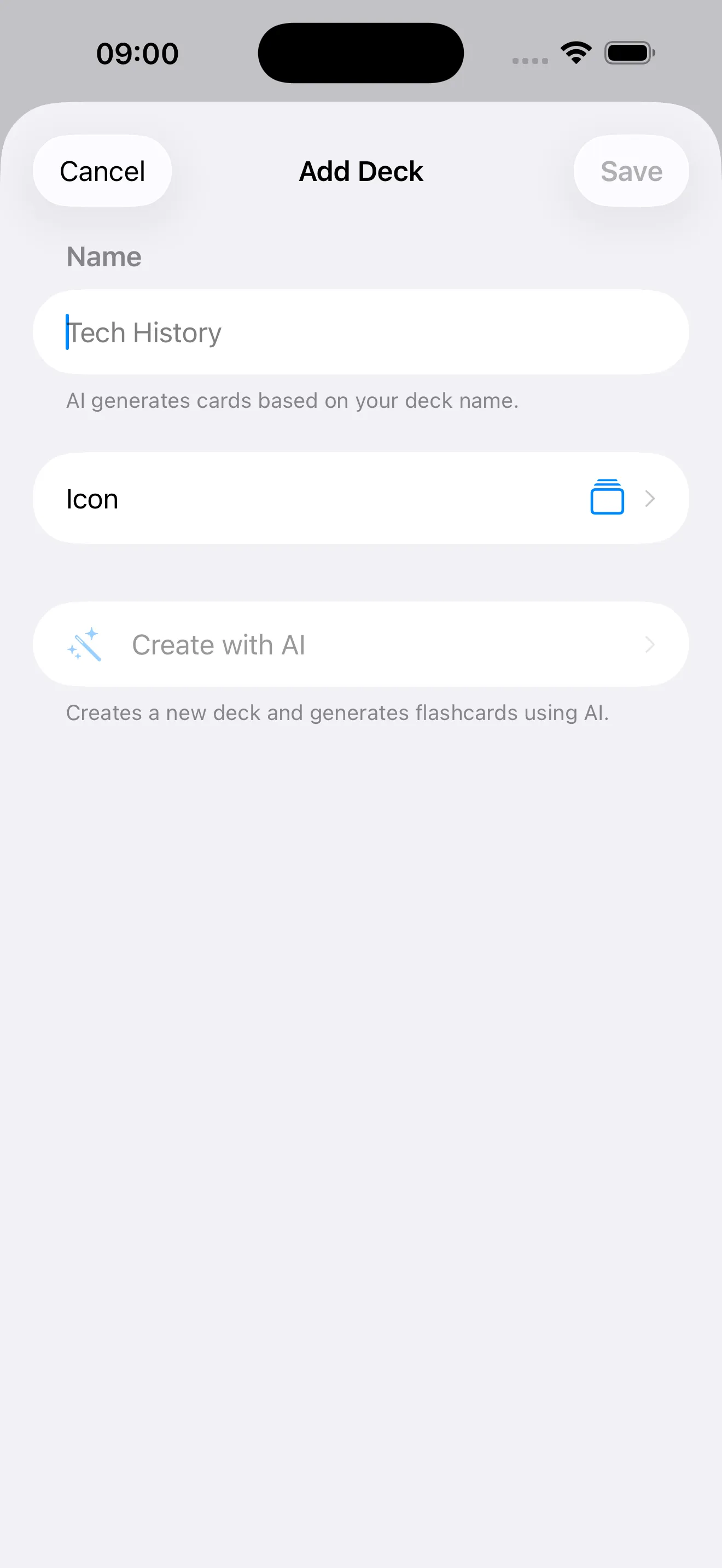 The Add Deck screen in Swiftflip with a deck named Tech History