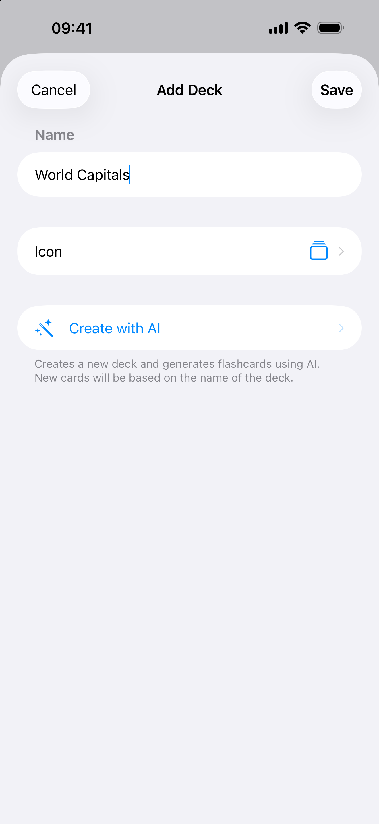 The Add Deck screen in Swiftflip with a deck name and an icon
