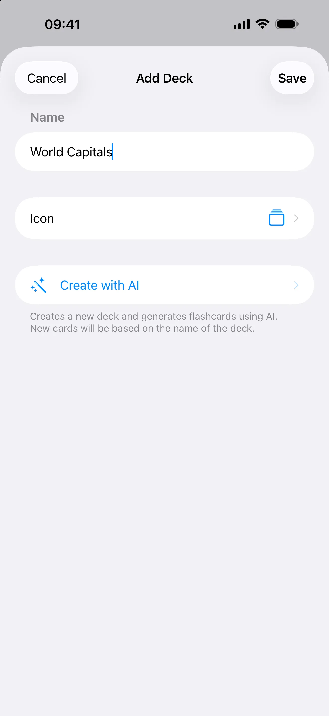 The Add Deck screen in Swiftflip with a deck name and the Create with AI option