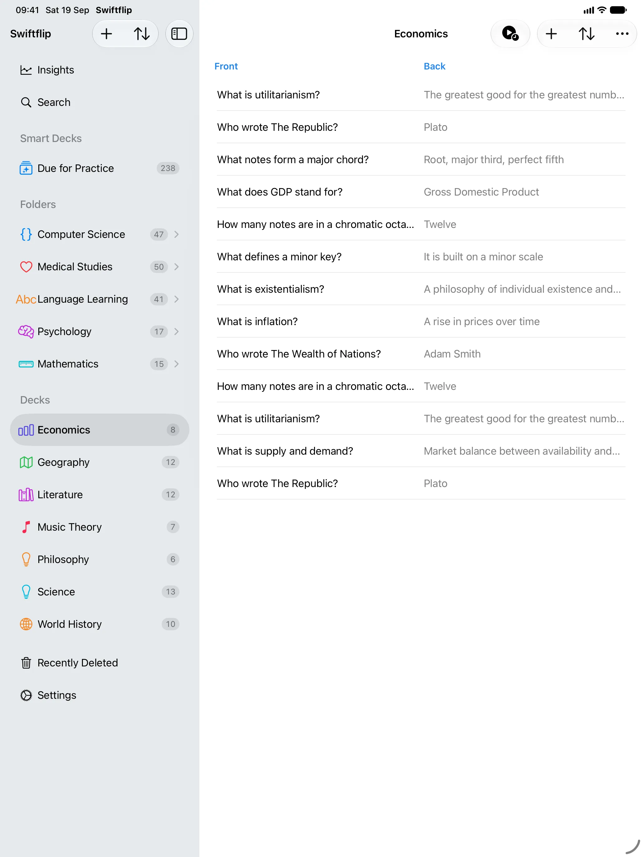 Swiftflip Custom Practice on iPad with deck selection and session options
