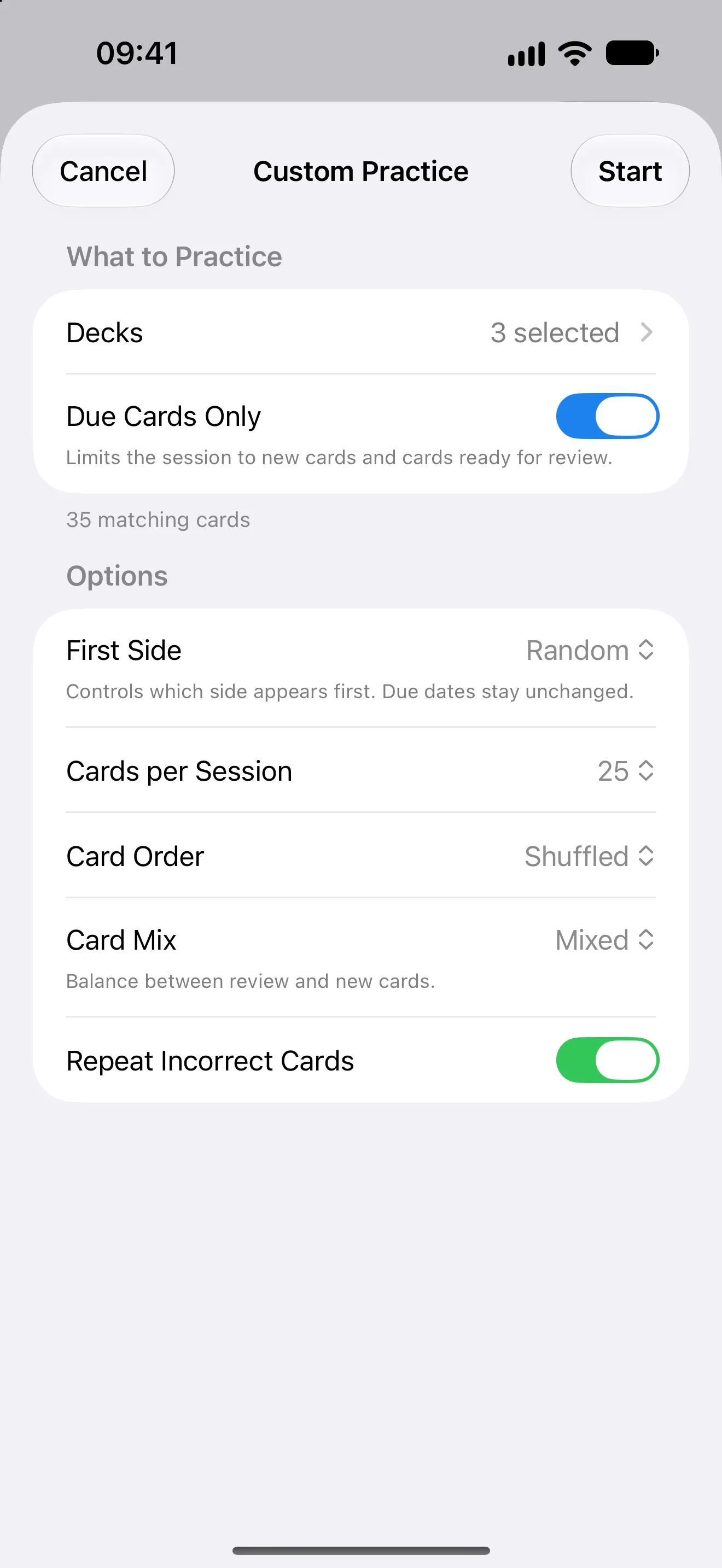 Swiftflip Custom Practice with Due Cards Only, First Side, Cards per Session and Card Mix