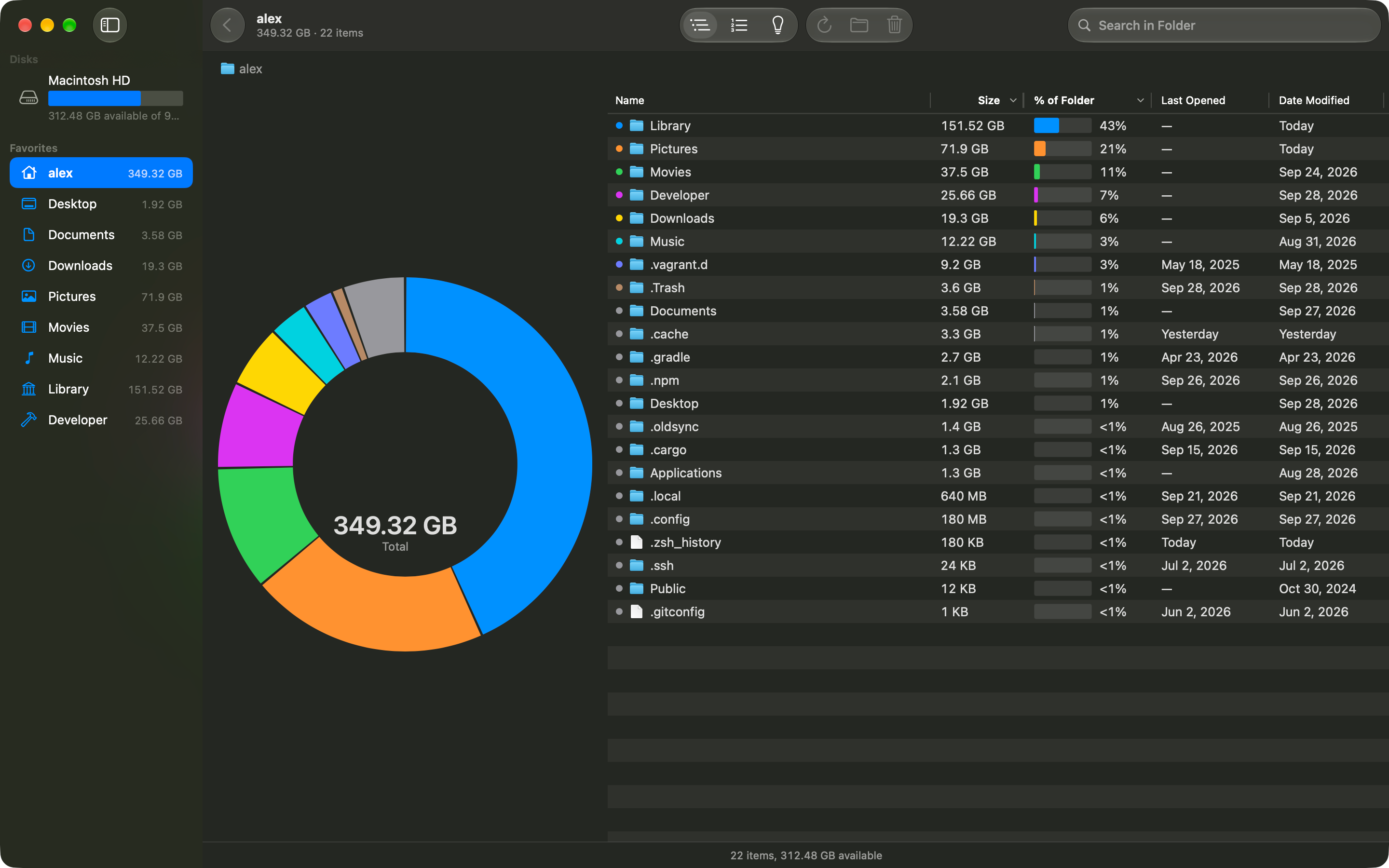 Diskbite in Dark Mode showing the same home folder as a donut chart and a list