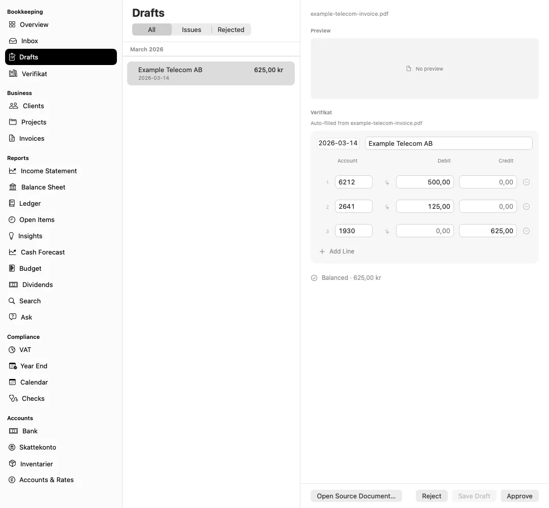 The Smartbok Drafts view with a selected bookkeeping draft