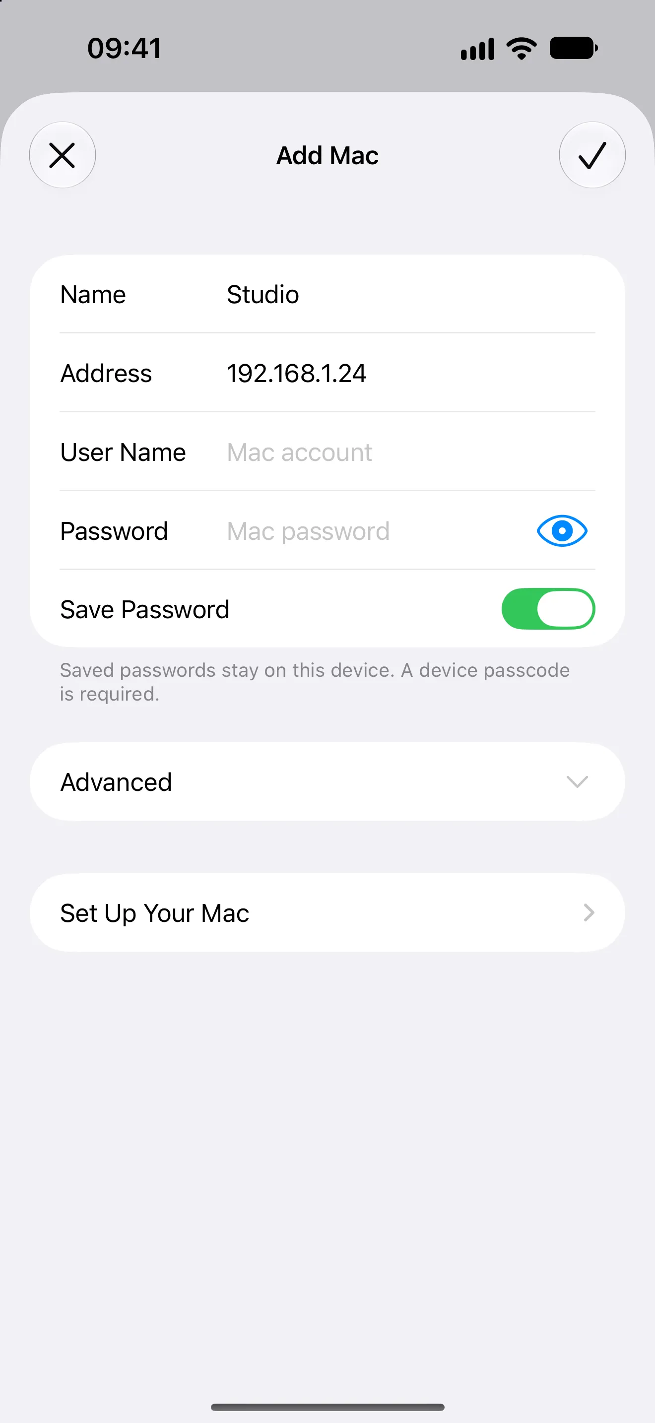 Otherdesk on iPhone adding a Mac with its name, address, user name and password