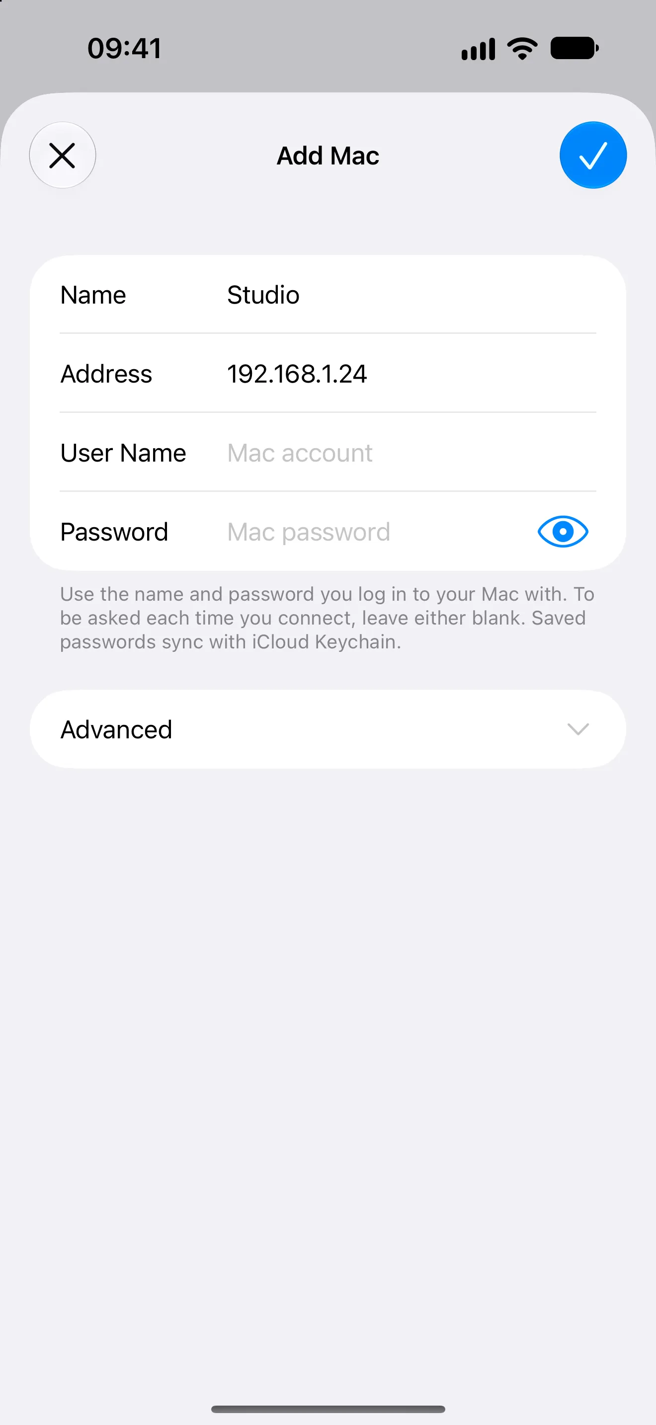 The Otherdesk Add Mac form on iPhone with address, user name and password fields