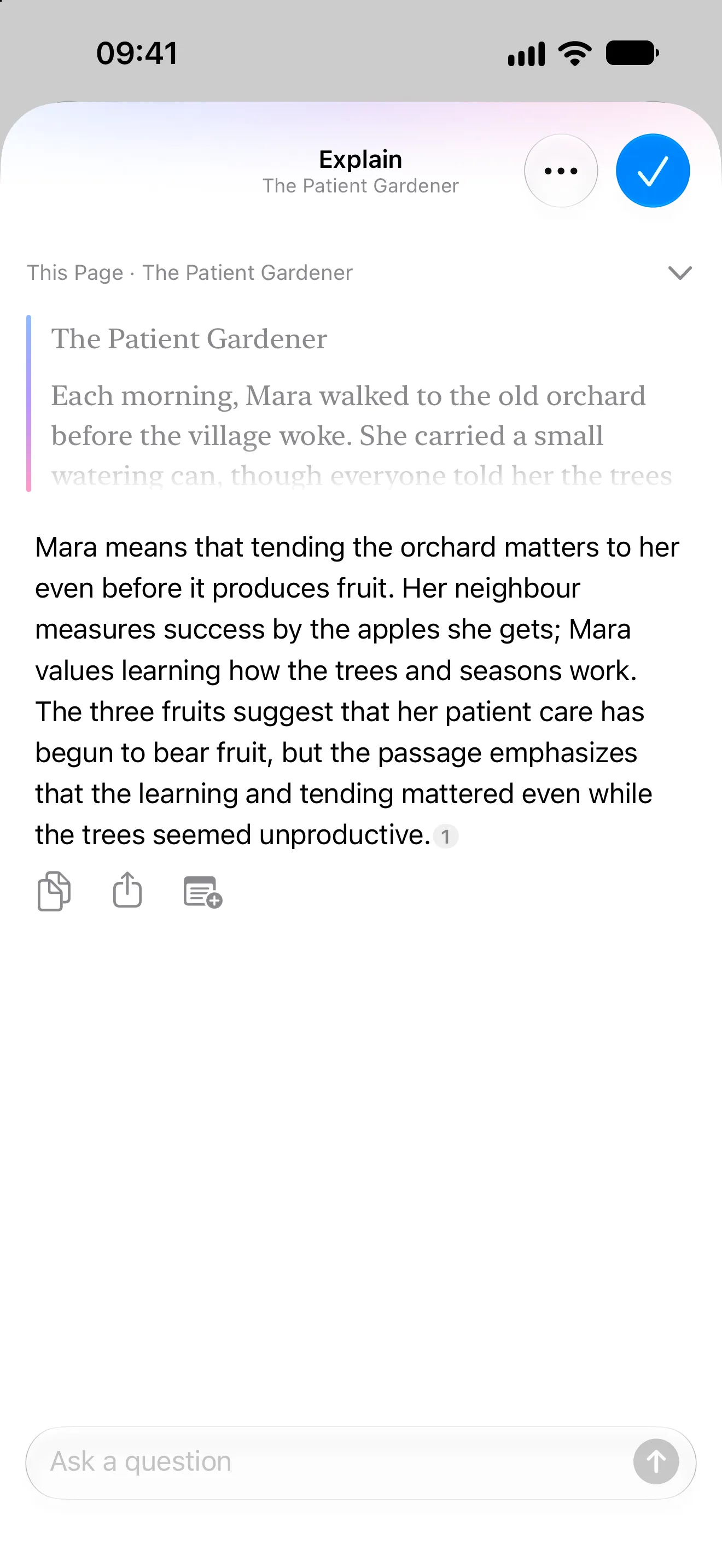 Brevier on iPhone explaining a page of The Patient Gardener, with a cited answer and a field to ask a question