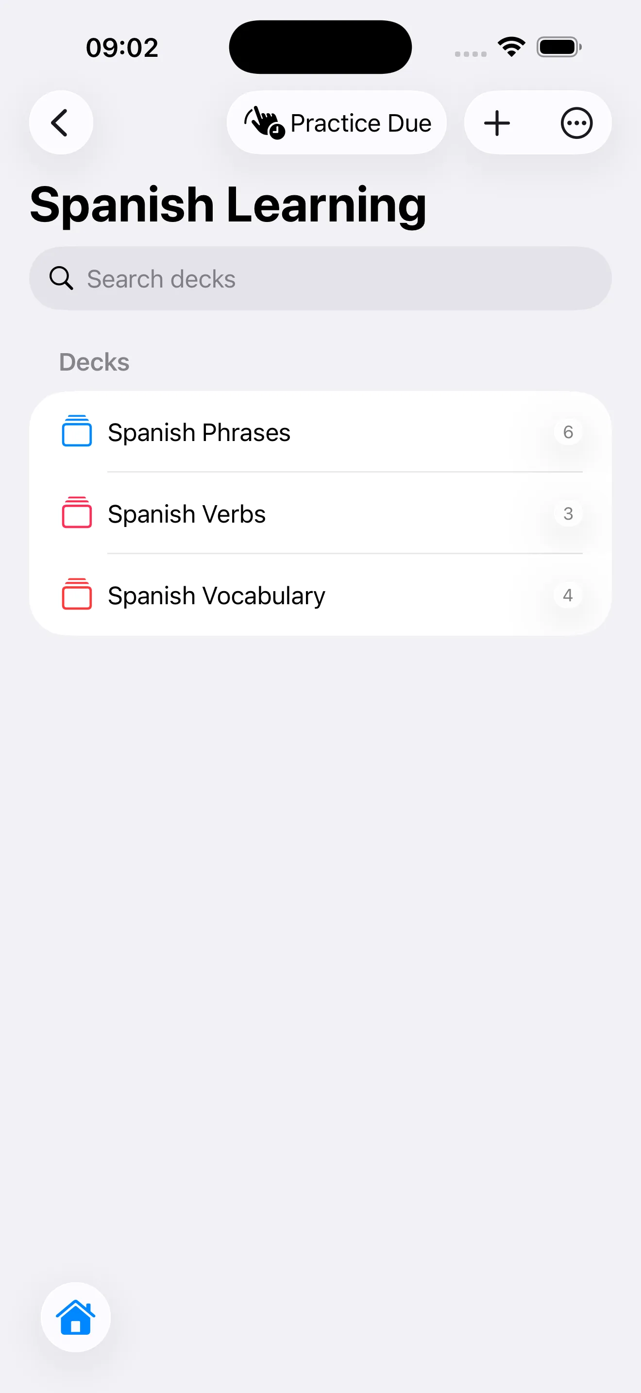 A folder called Spanish Learning containing three decks for phrases, verbs and vocabulary