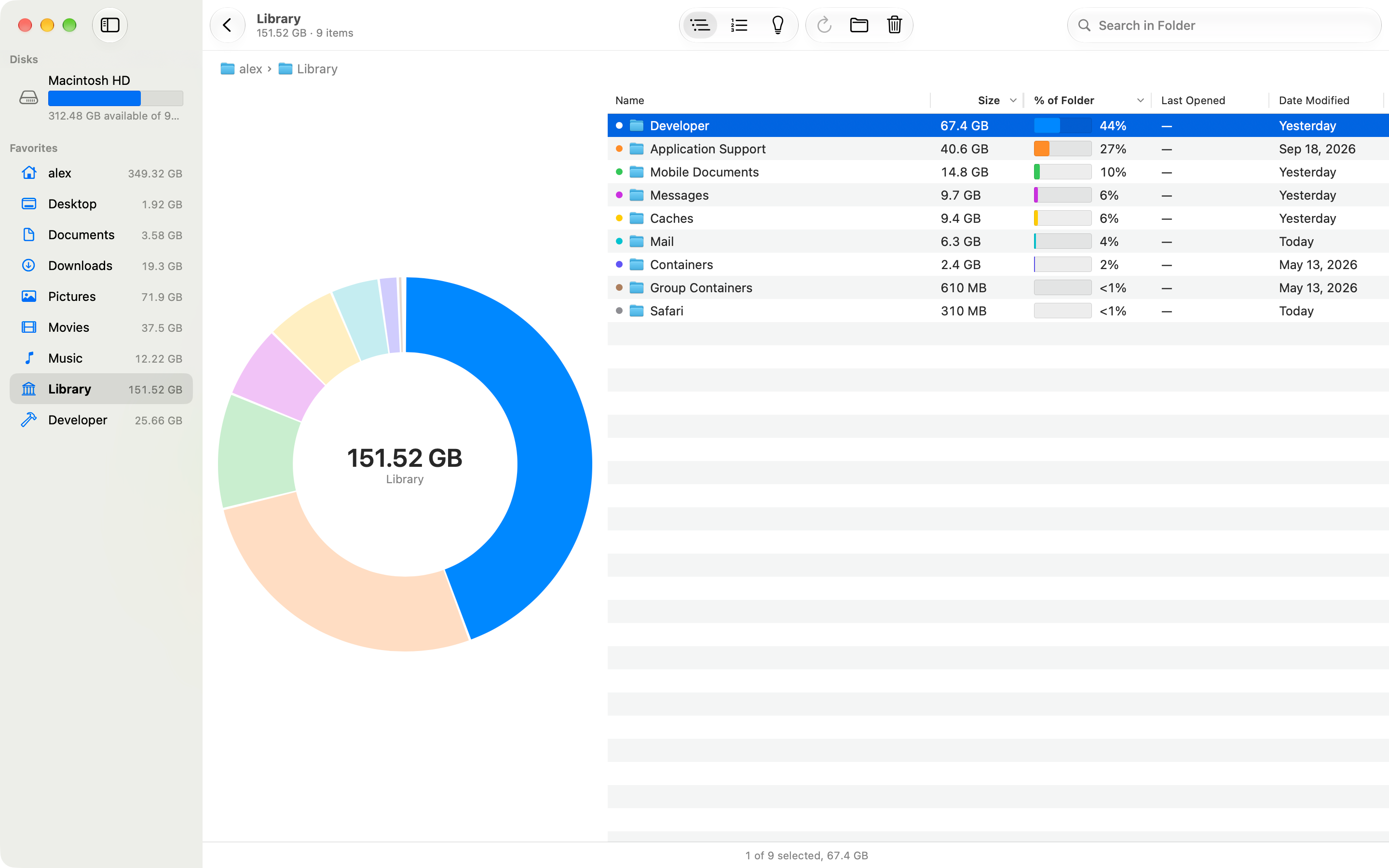 Diskbite showing a Library folder with Developer selected and highlighted in the donut