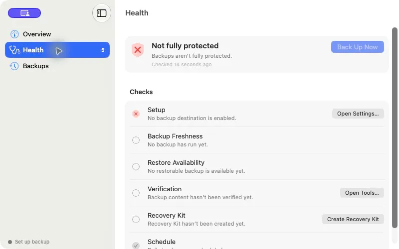 Seyvd Health showing backup protection checks