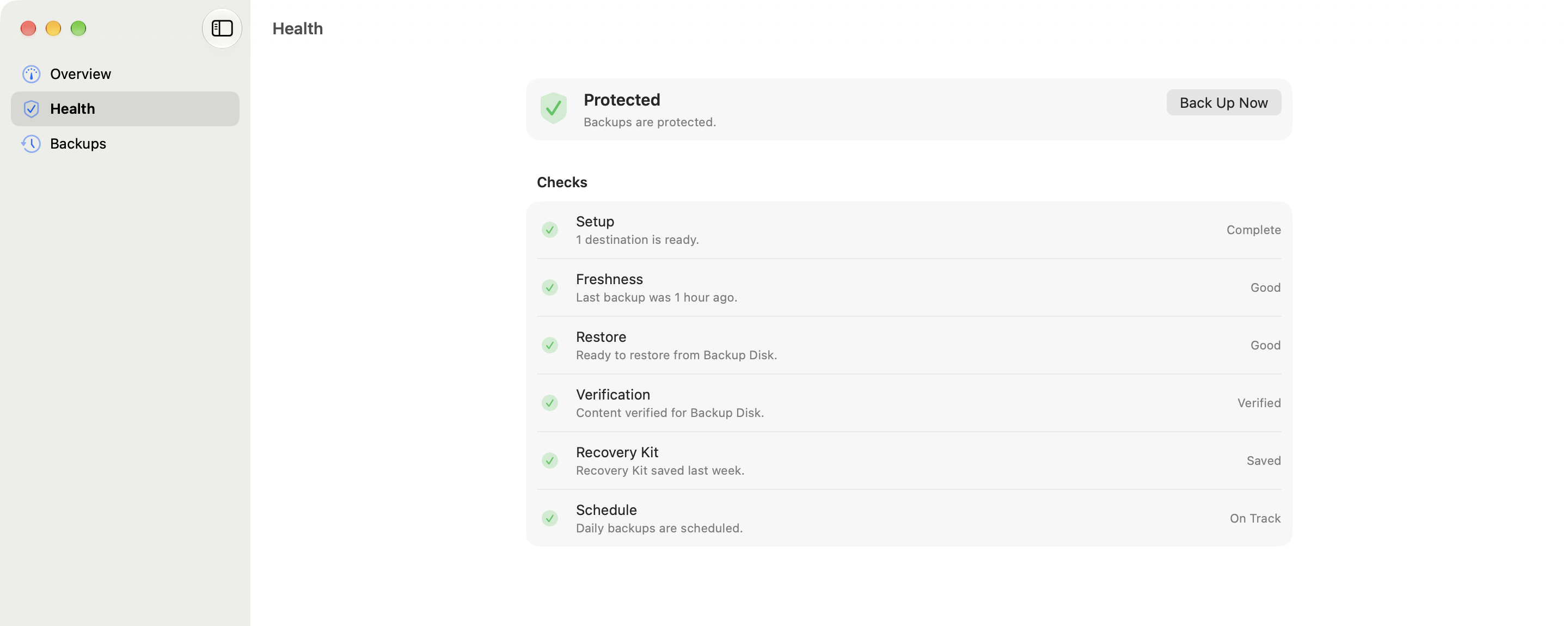 Seyvd Health showing setup, freshness, restore, verification, Recovery Kit and schedule checks
