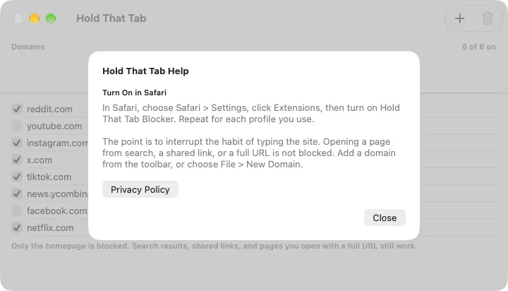 Hold That Tab Help showing Safari Settings, Extensions and profile setup instructions