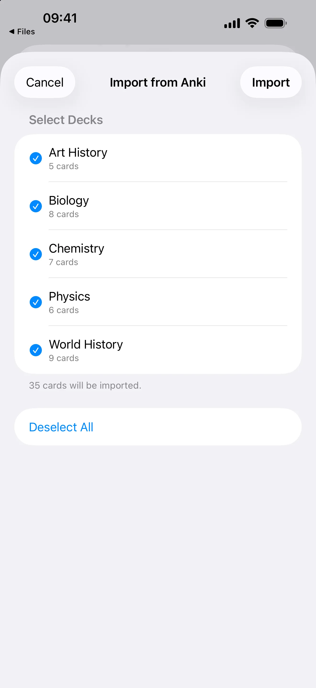 The Import from Anki screen with decks selected and ready to import