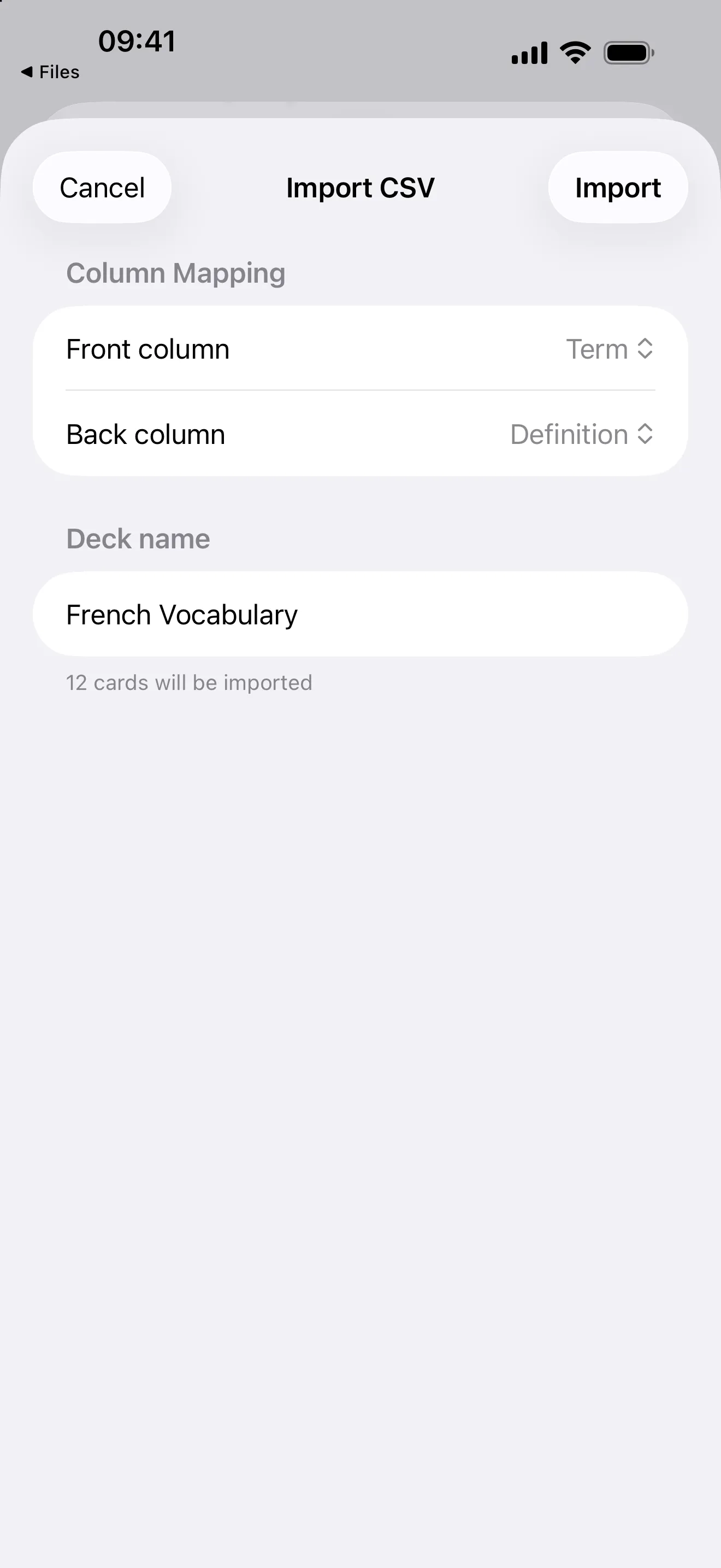 The Import CSV screen mapping the term and definition columns to card fronts and backs