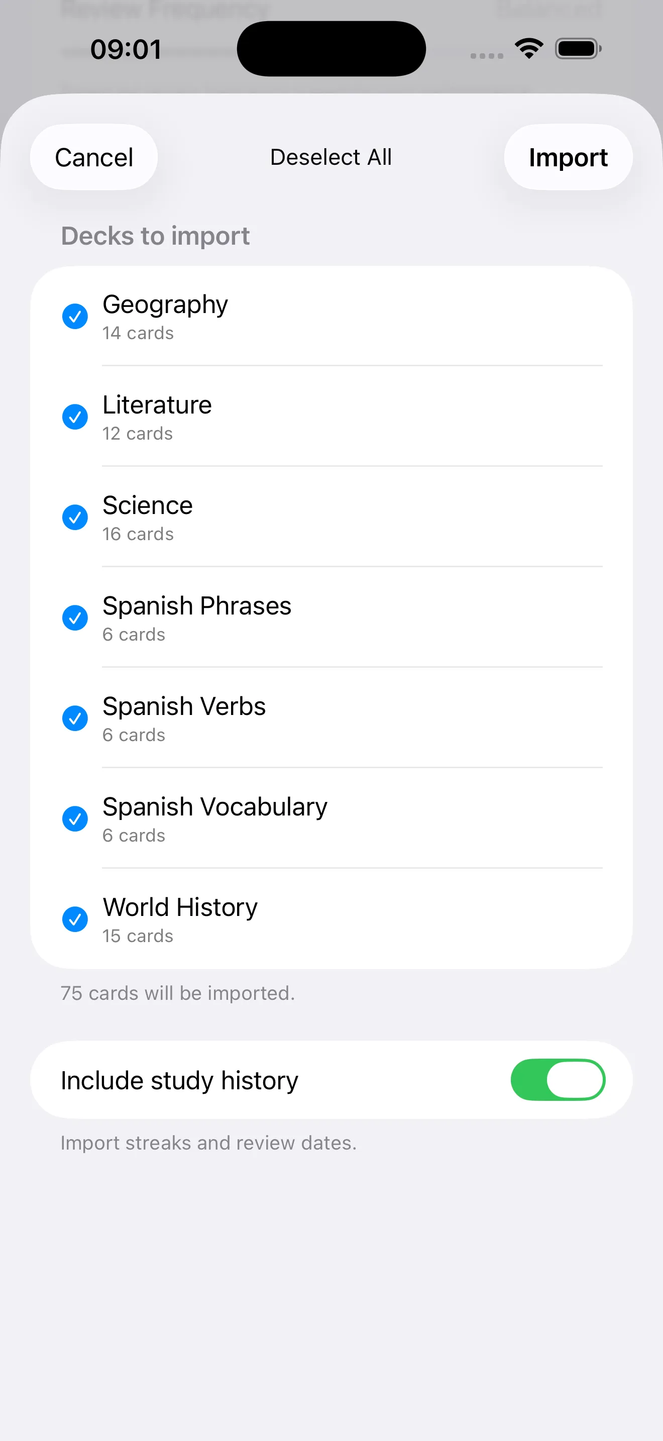 The import screen showing seven decks selected with 75 cards ready to import