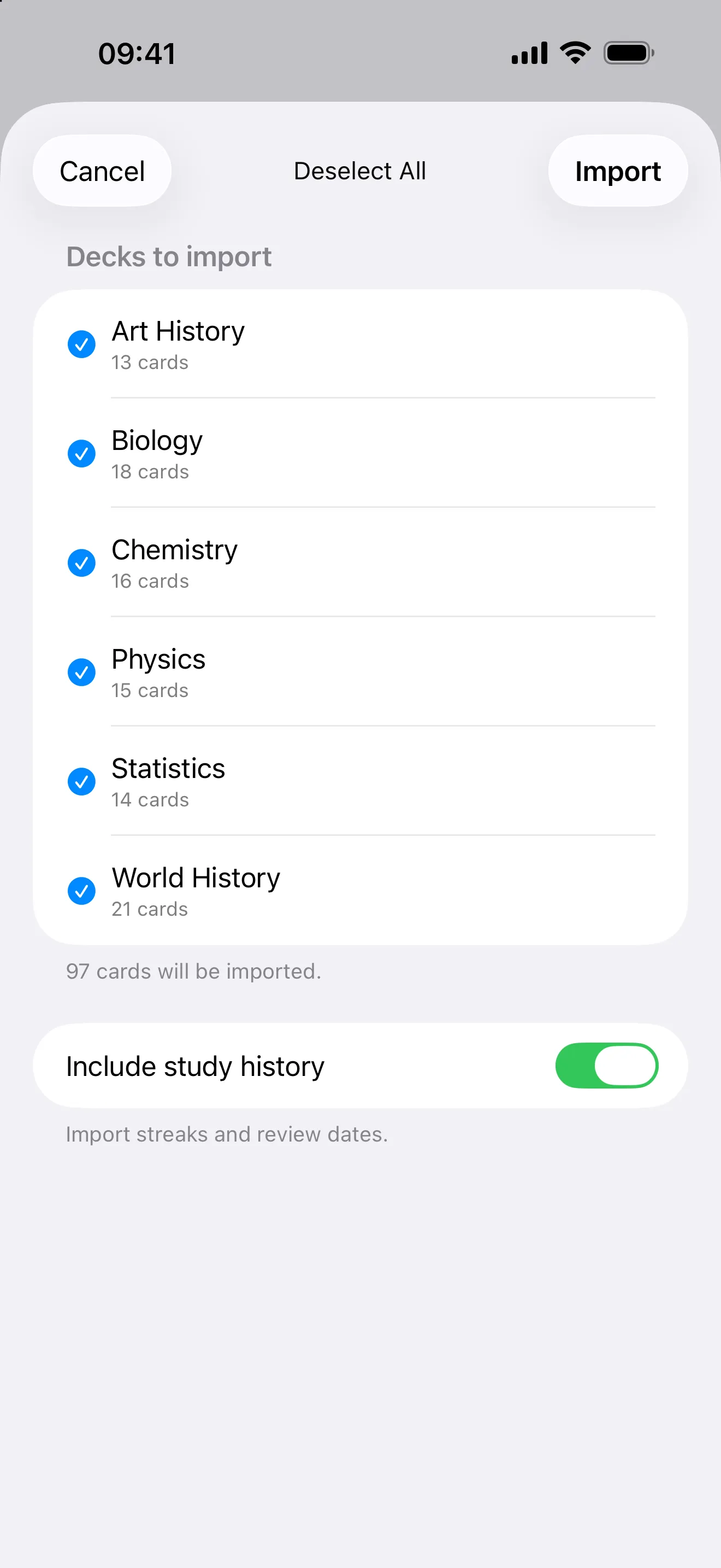 The import screen showing decks selected and ready to import