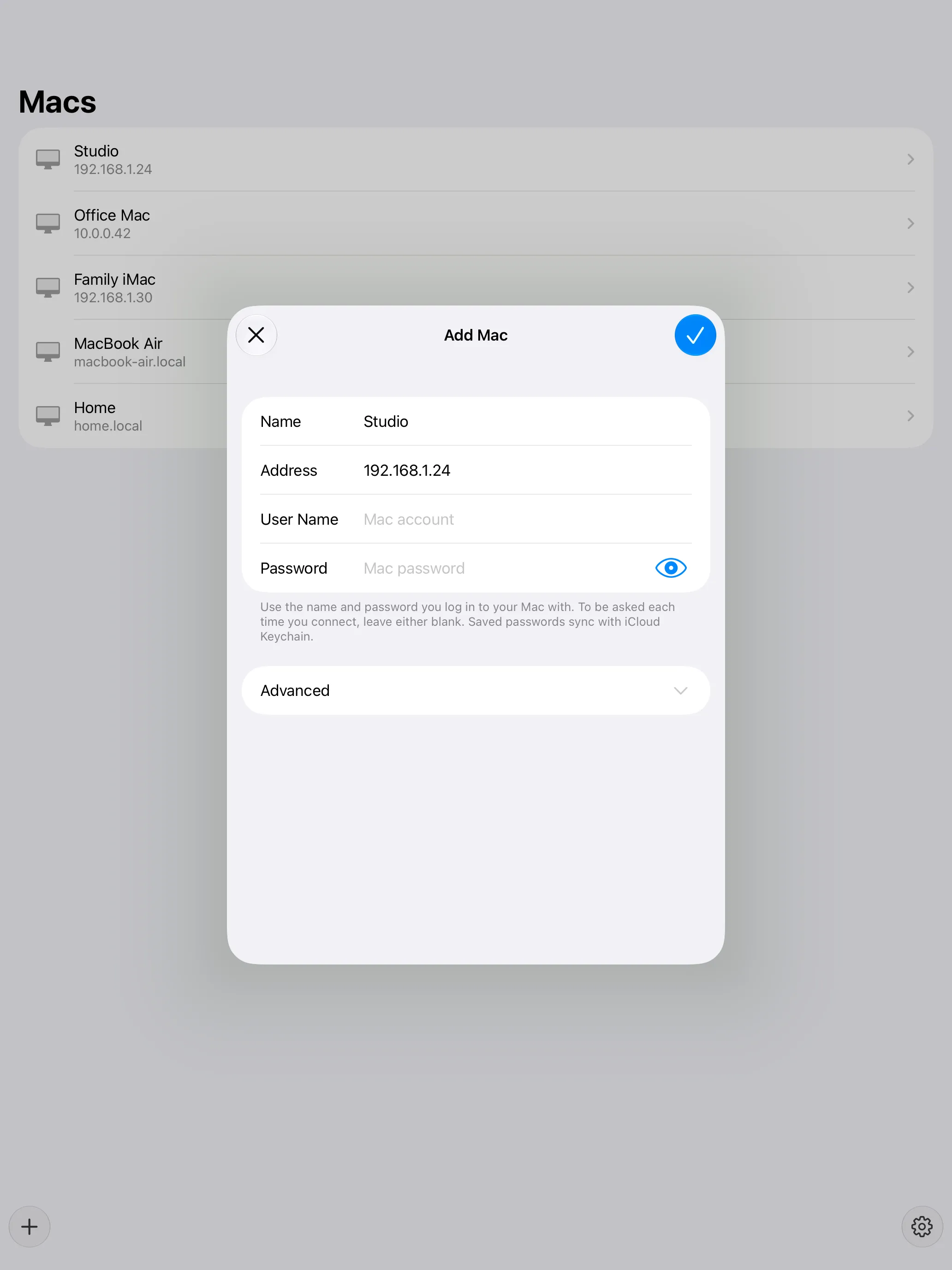 The Otherdesk Add Mac form on iPad with address, user name and password fields