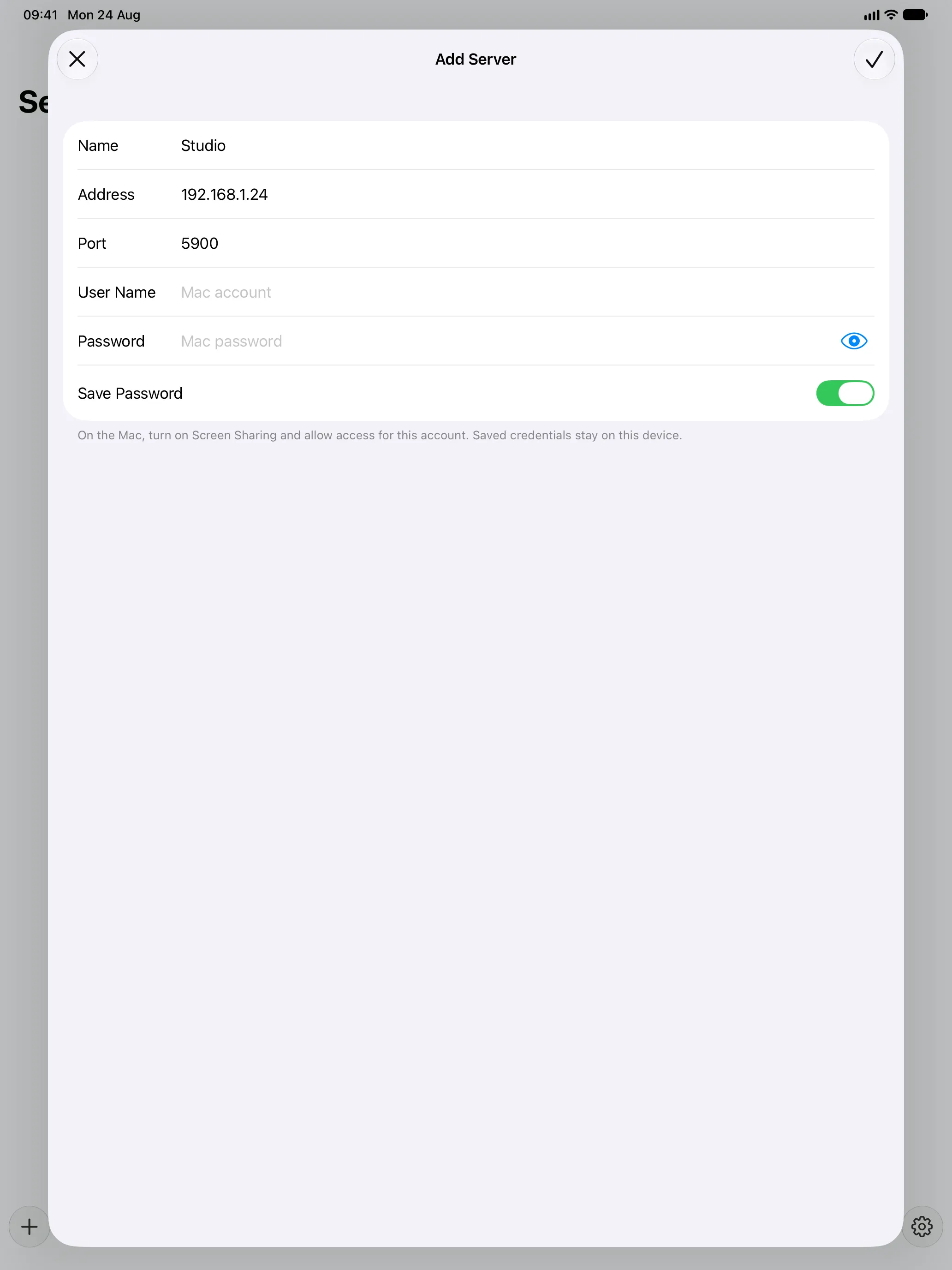 The Otherdesk Add Server form on iPad with address, user name and password fields