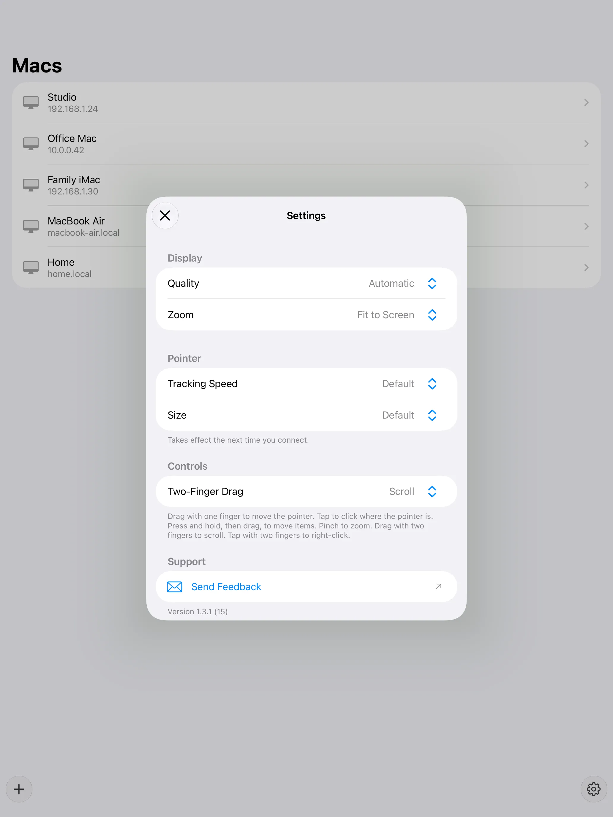 Otherdesk settings on iPad with Quality, Zoom, Tracking Speed and Size