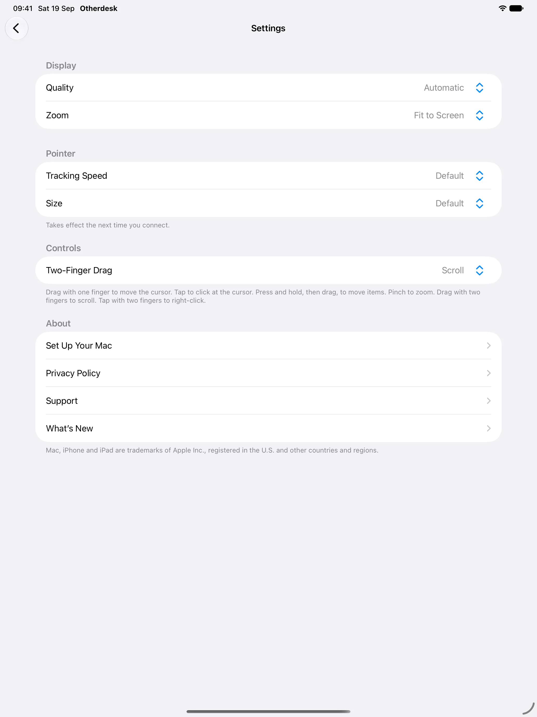 Otherdesk settings on iPad with display, pointer and two-finger drag options and a summary of touch gestures