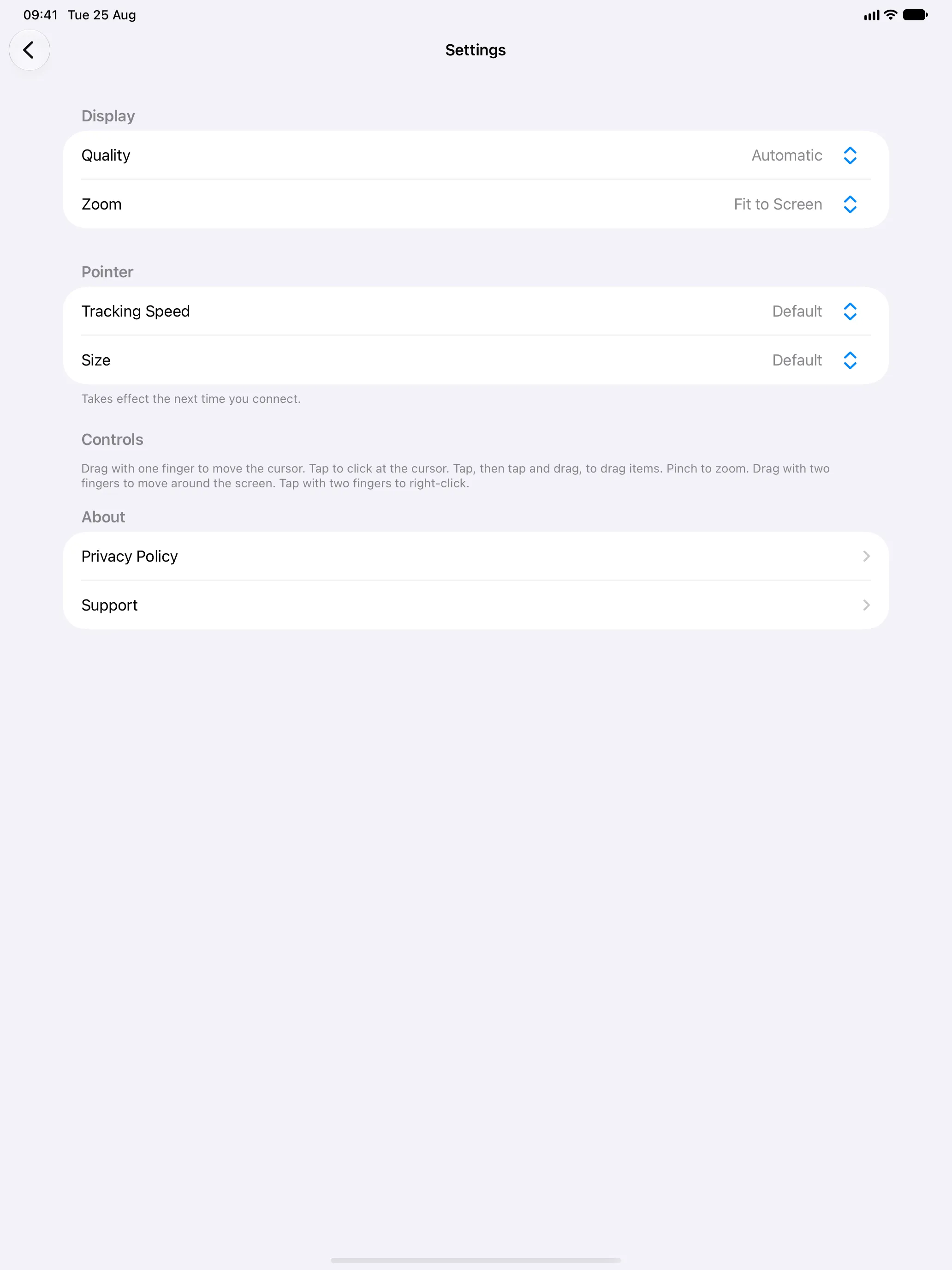 Otherdesk settings on iPad with Quality, Zoom, Tracking Speed and Size