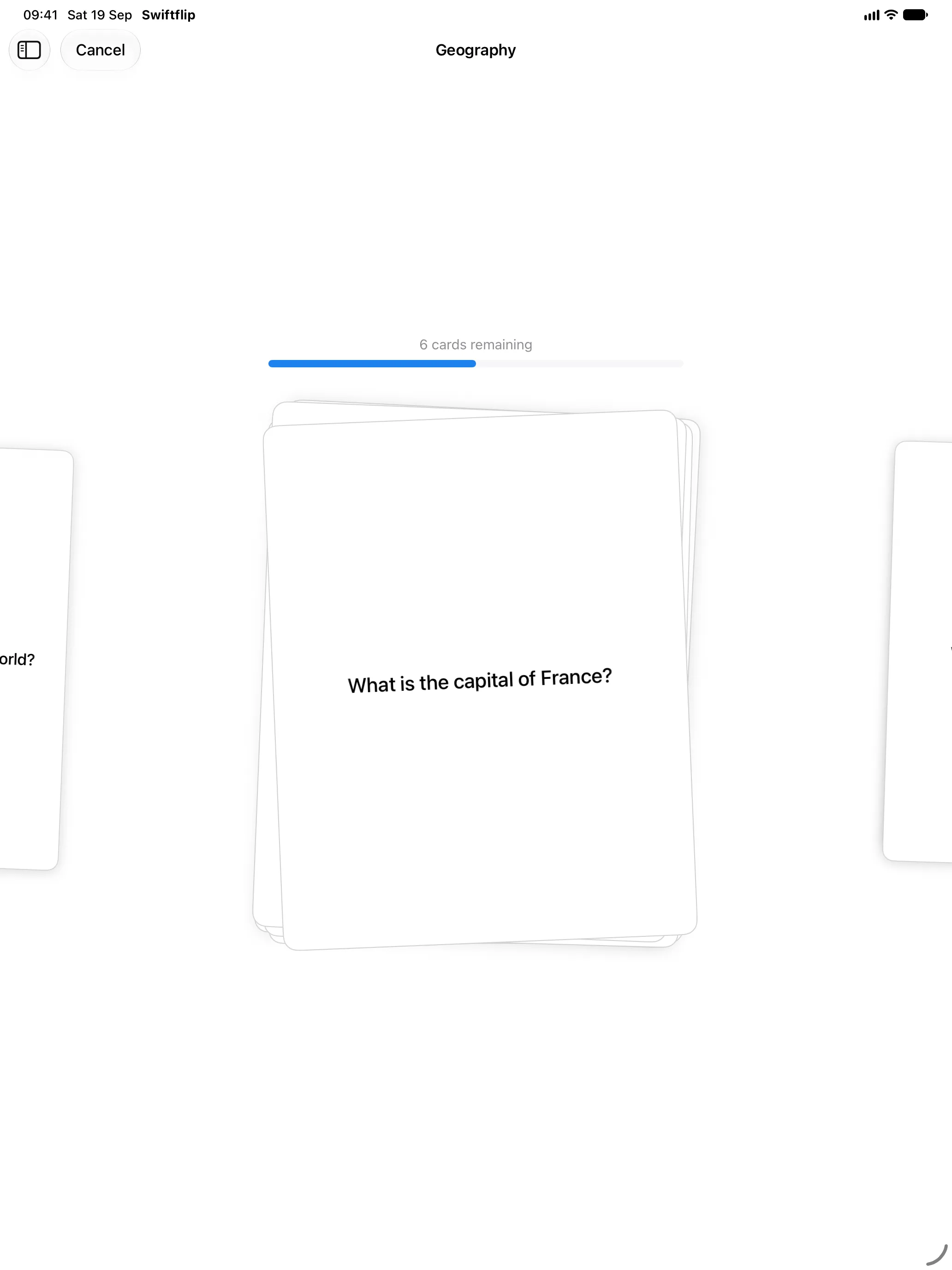 A Swiftflip practice session on iPad with a due card centered on screen