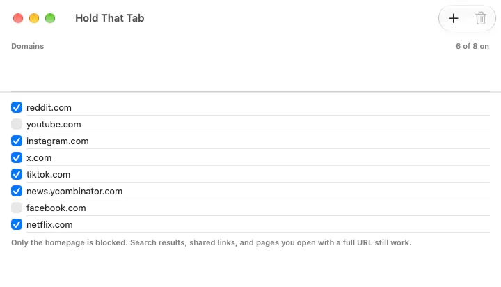 Hold That Tab with eight sample domains and six turned on