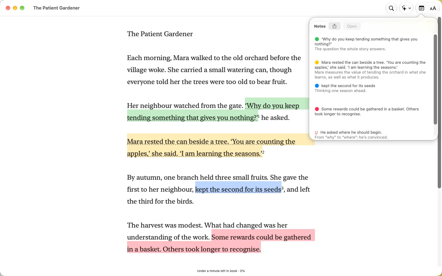 Brevier on Mac showing a page with highlights in four colors beside the Notes panel