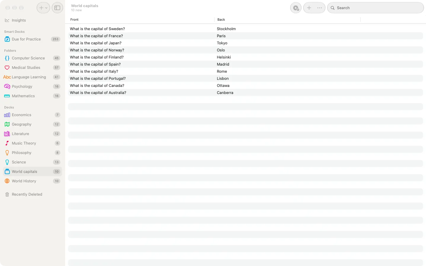The Swiftflip Mac library with folders, decks and Due for Practice in the sidebar