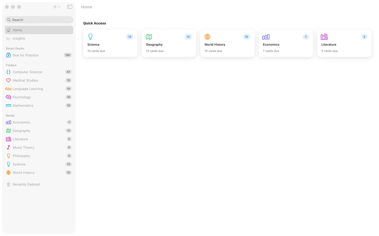 The Swiftflip Mac library with folders, decks and Due for Practice in the sidebar