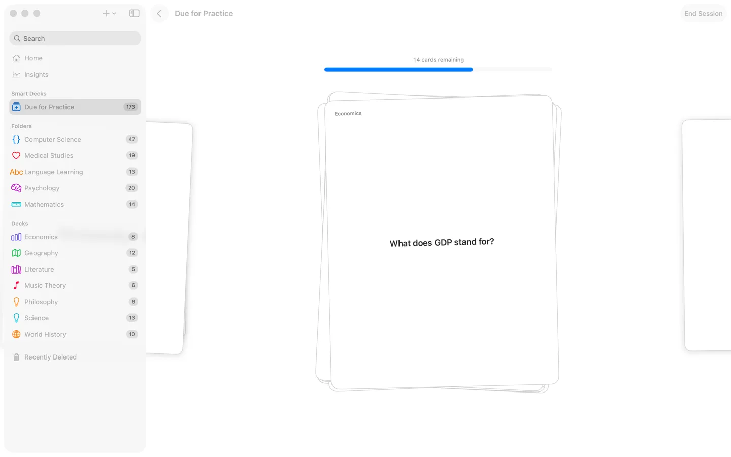 A Swiftflip practice card open beside the Mac library sidebar