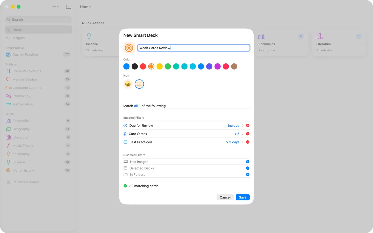 The Smart Deck editor in Swiftflip on Mac with rule controls visible