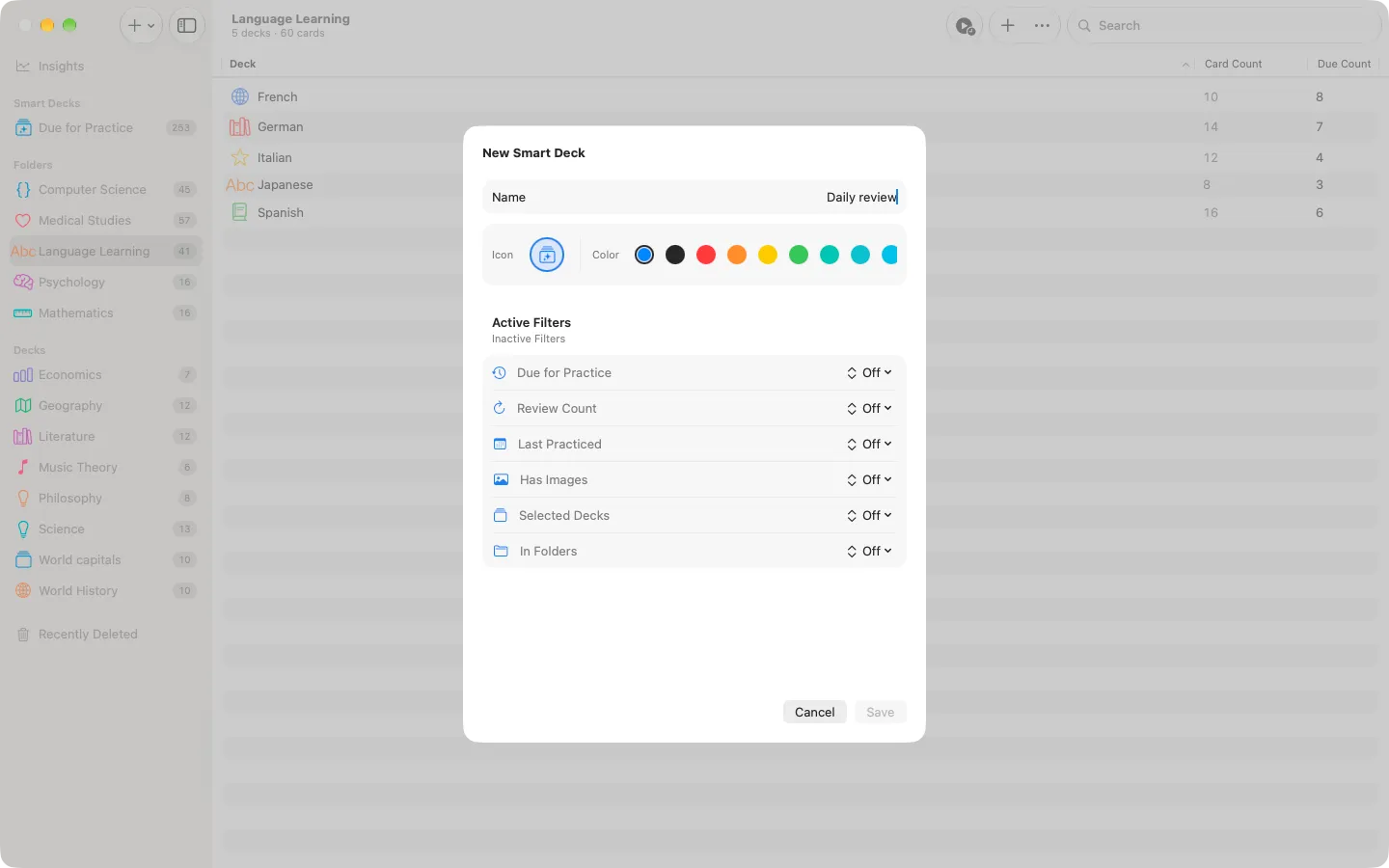 The Smart Deck editor in Swiftflip on Mac with rule controls visible