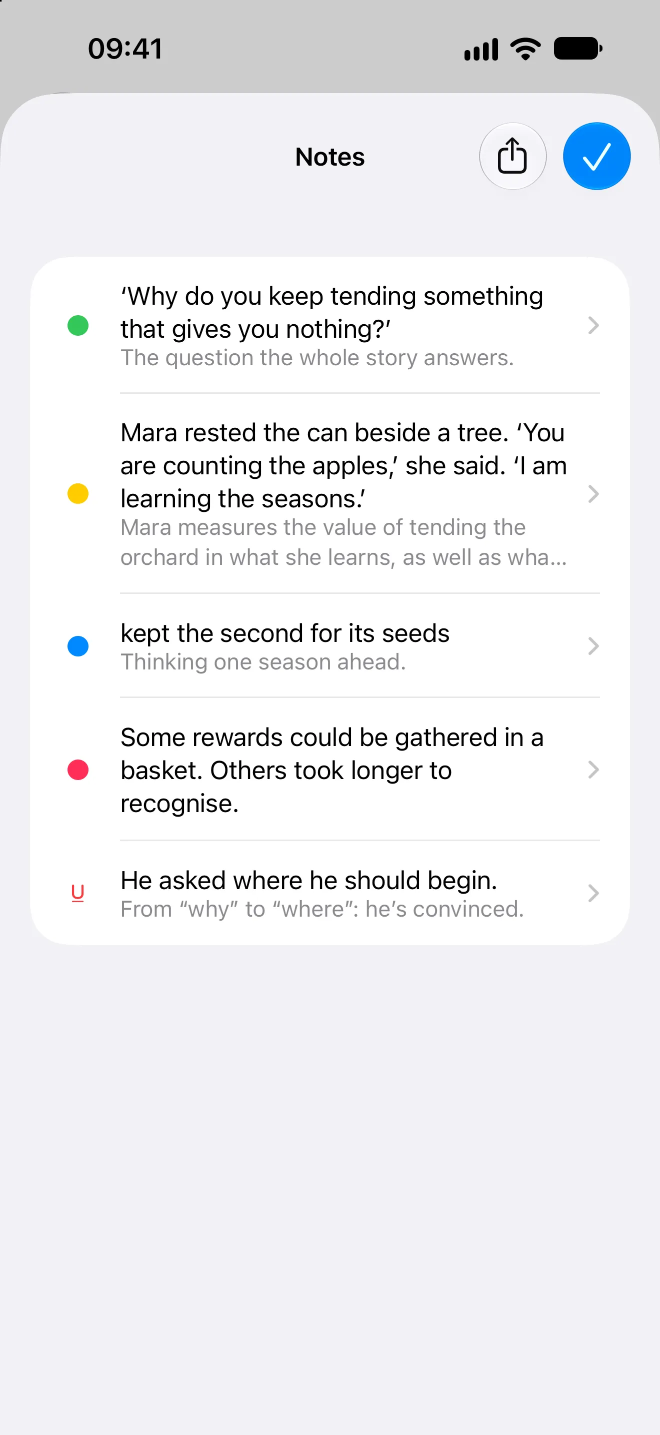 Brevier's Notes list on iPhone with highlights in green, yellow, blue and red and an underline, each with a note