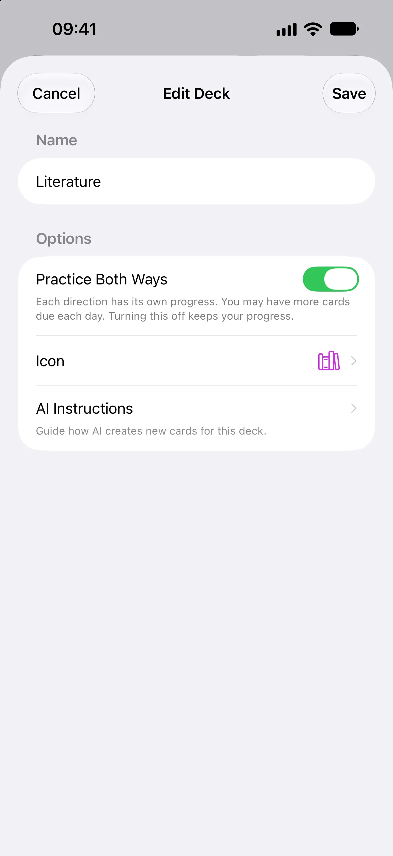 Edit Deck in Swiftflip with Practice Both Ways turned on