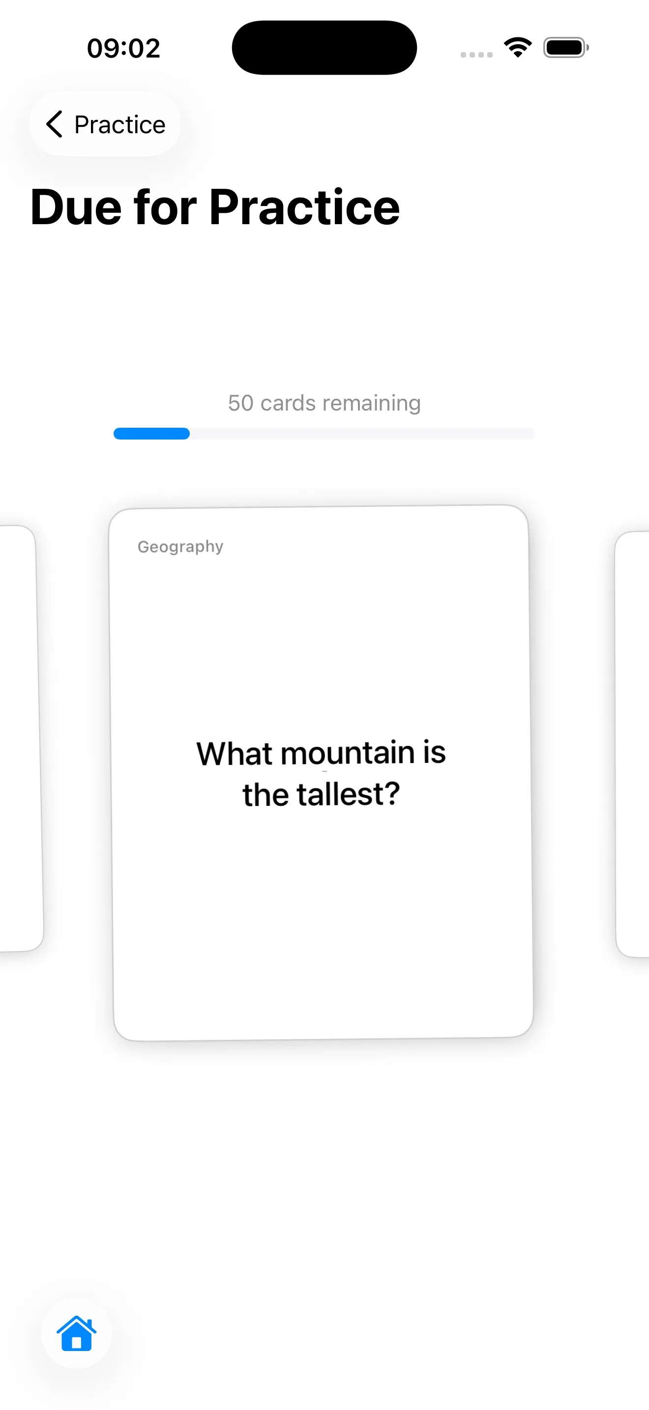 A practice session showing a flashcard with the question What mountain is the tallest and 50 cards remaining