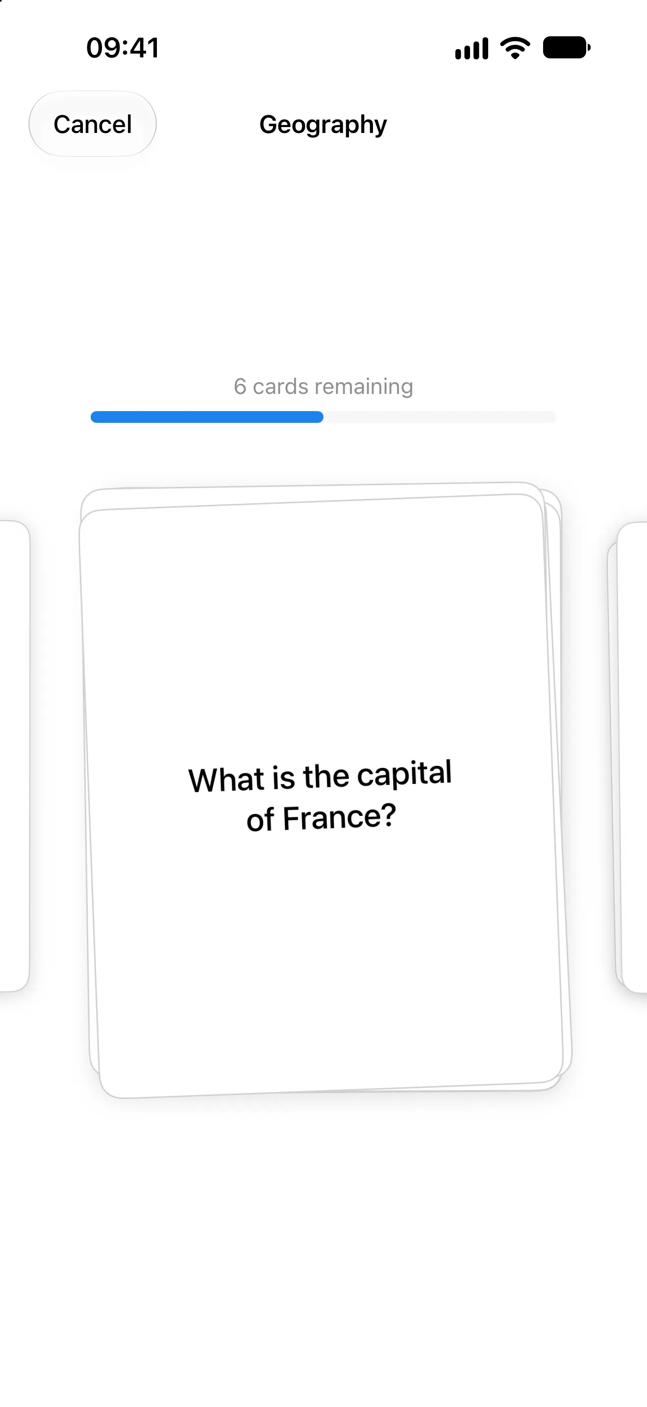 A practice session showing a flashcard and the number of cards remaining