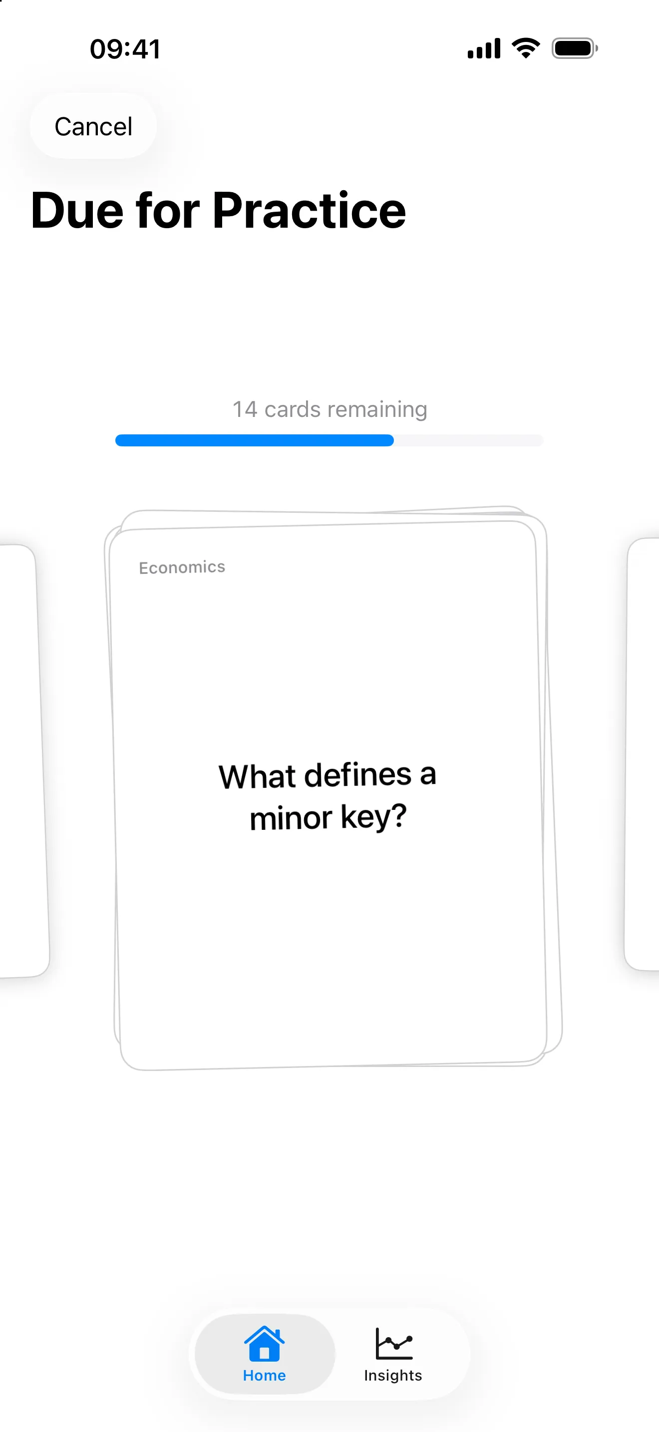 A practice session showing a flashcard and the number of cards remaining