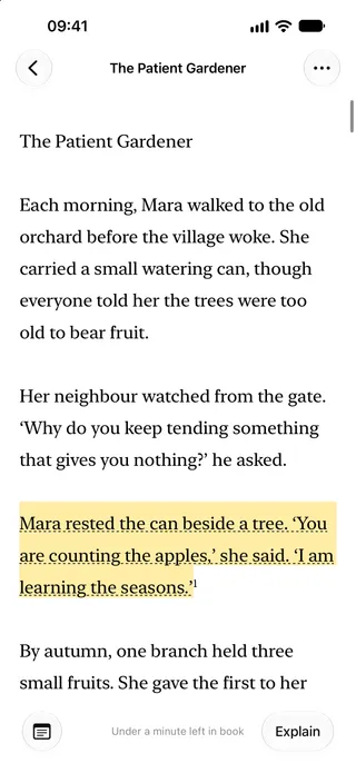 Brevier on iPhone showing a page of The Patient Gardener with one passage highlighted