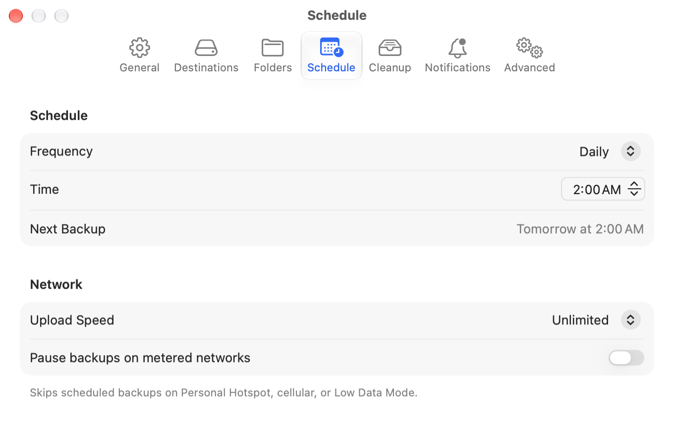 Seyvd Schedule settings with frequency, time and network controls