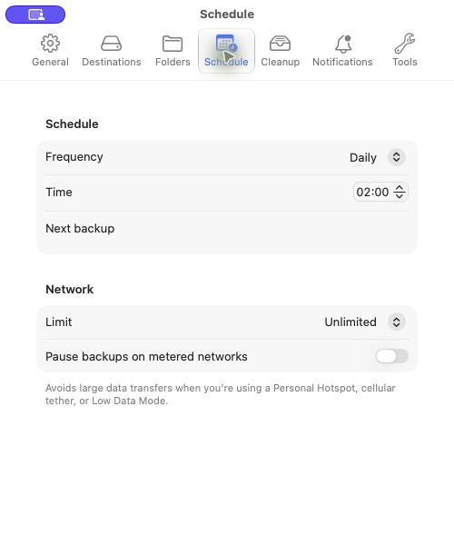 Seyvd Schedule settings with frequency, time and network controls